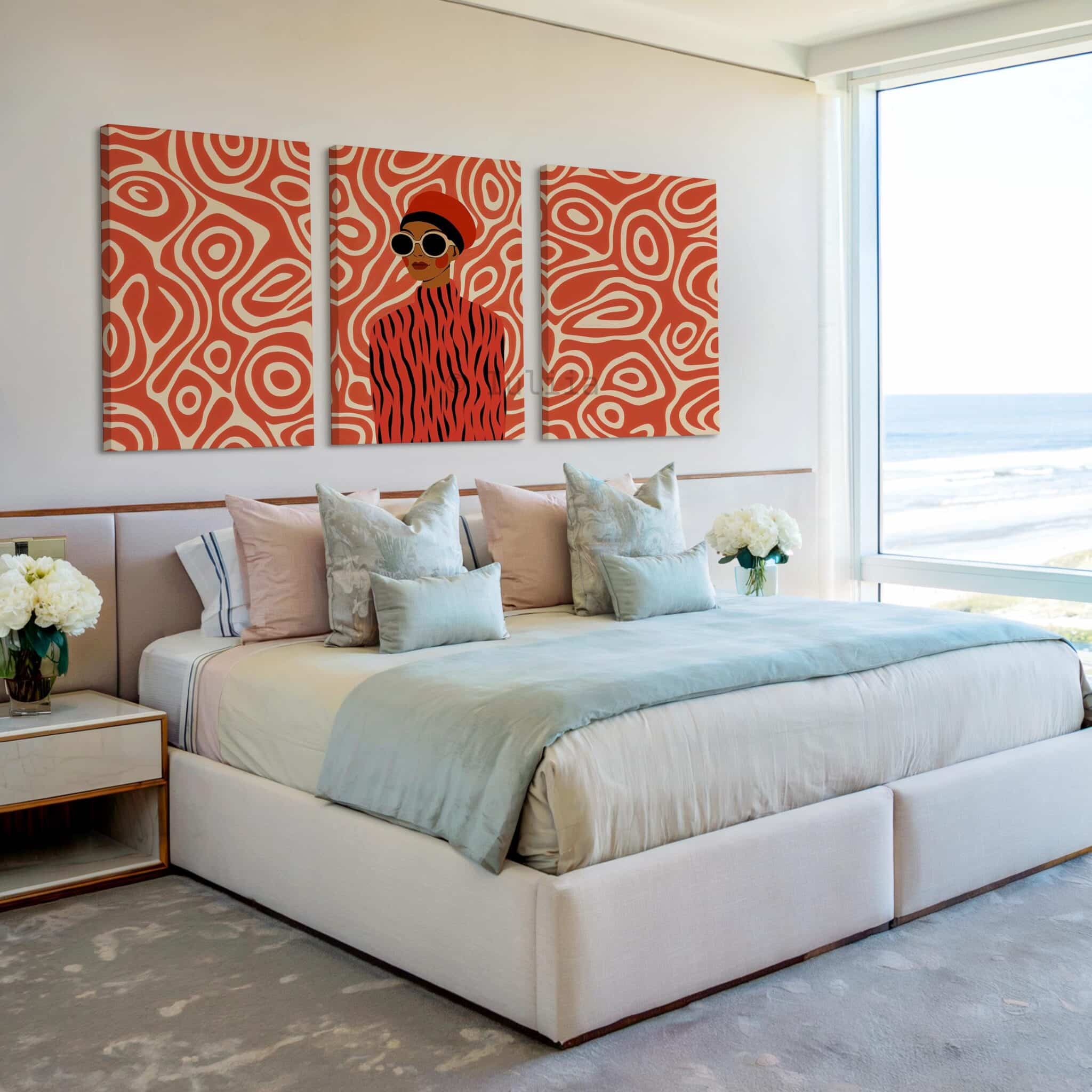Fashion Wall Three Pieces Art, Modern Woman Portrait Canvas, Graphic Contemporary Artwork, Coral Statement Decor, Designer Living Room Panels - photo #3