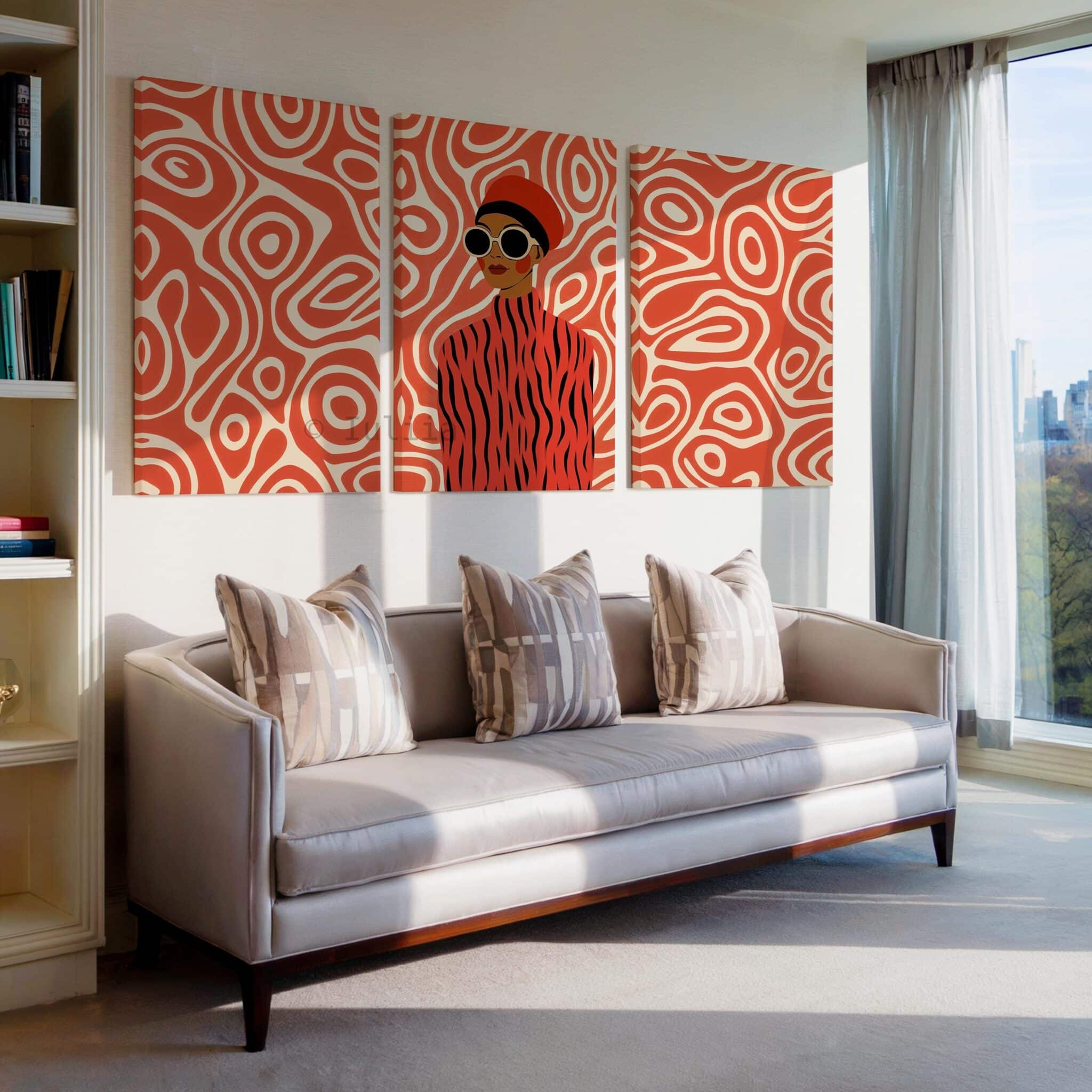 Fashion Wall Three Pieces Art, Modern Woman Portrait Canvas, Graphic Contemporary Artwork, Coral Statement Decor, Designer Living Room Panels