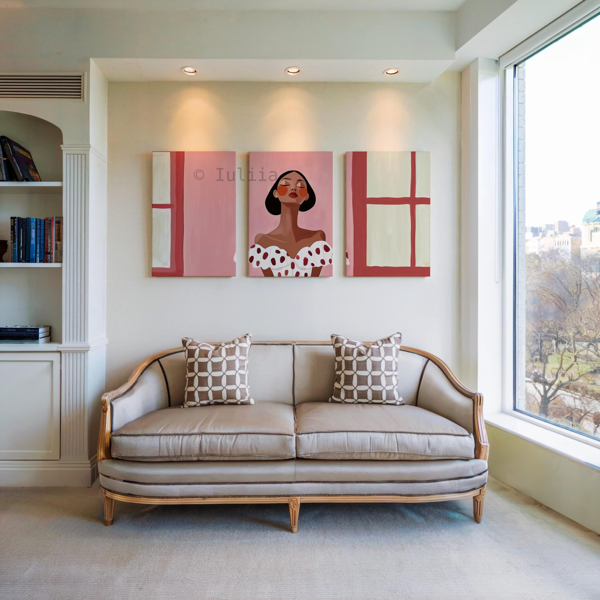 Minimalist Portrait Canvas Triptych, Elegant Woman Set of 3, Blush Pink Contemporary Wall Art, Parisian Apartment Decor - photo #2
