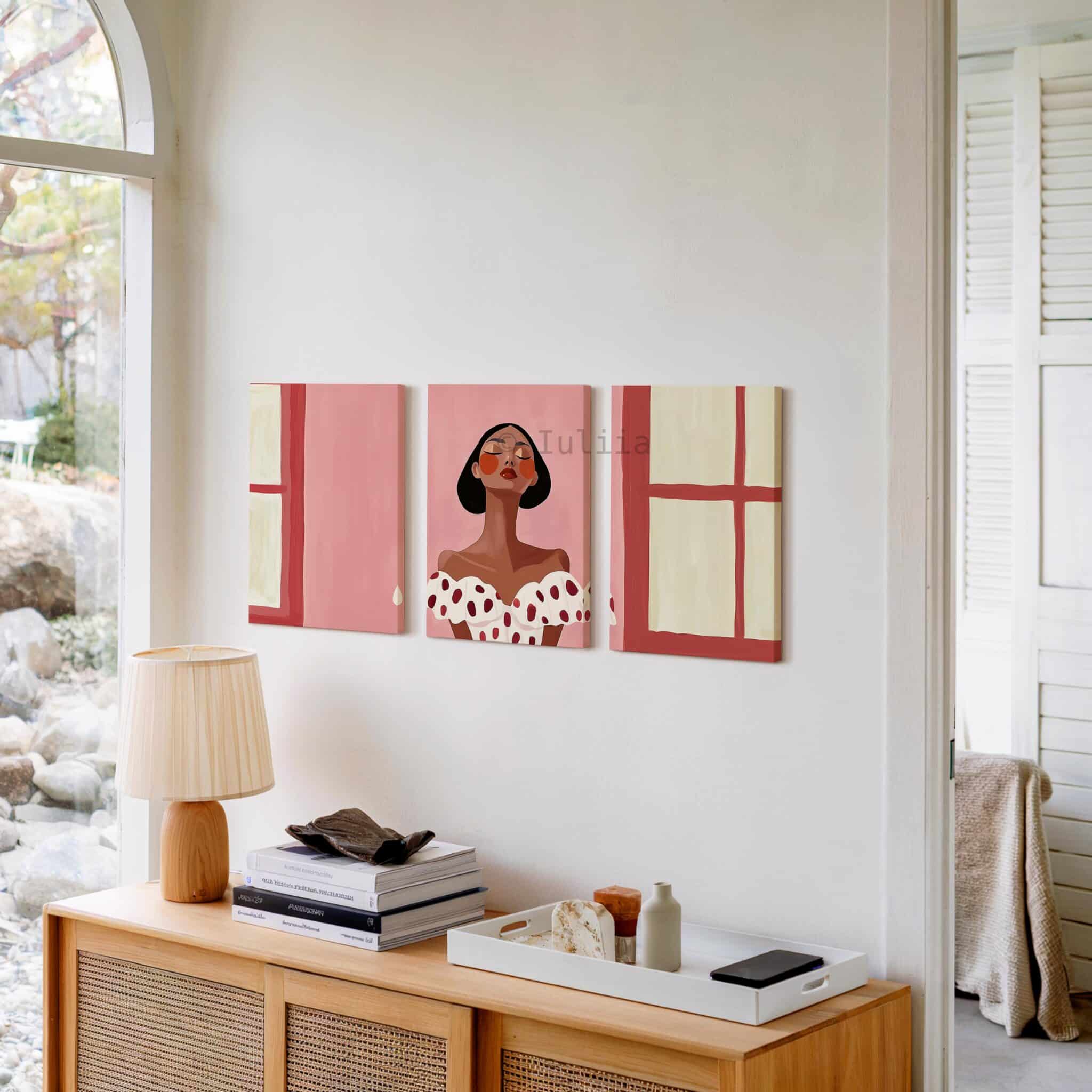 Minimalist Portrait Canvas Triptych, Elegant Woman Set of 3, Blush Pink Contemporary Wall Art, Parisian Apartment Decor - photo #9