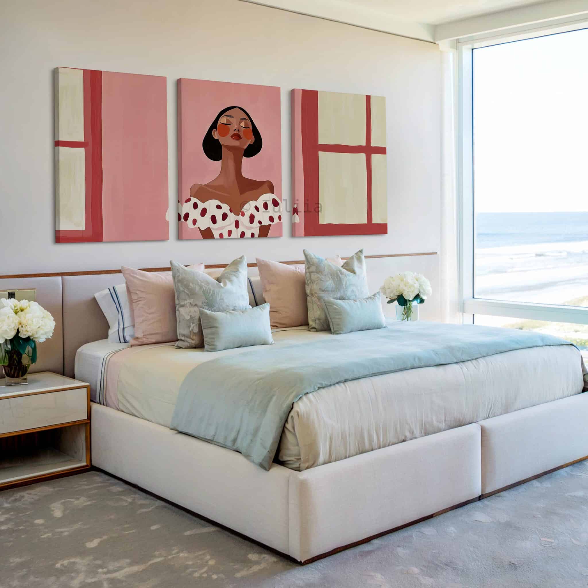 Minimalist Portrait Canvas Triptych, Elegant Woman Set of 3, Blush Pink Contemporary Wall Art, Parisian Apartment Decor
