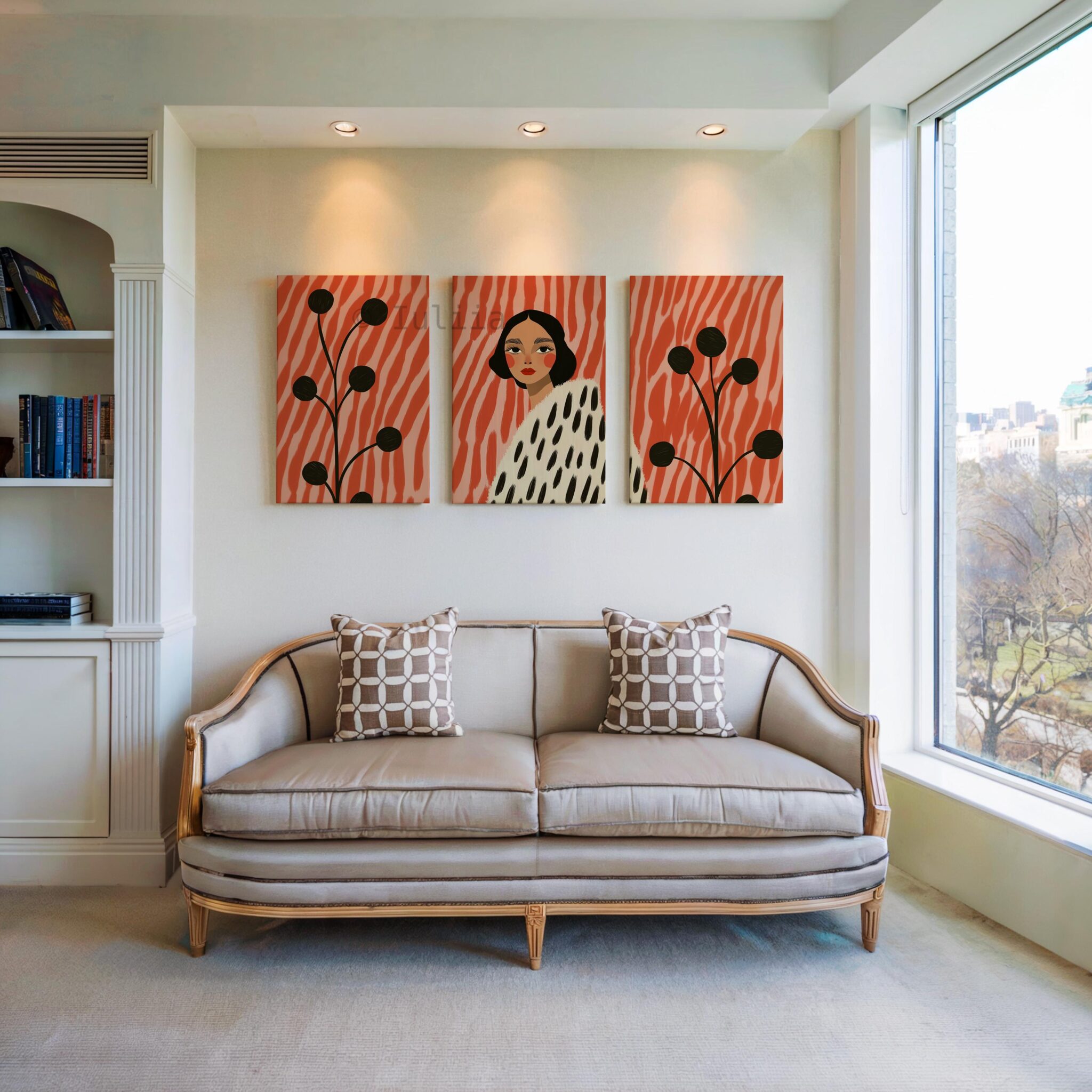 Stylish Woman Canvas Triptych, Contemporary Coral Portrait Set, Botanical Fashion Illustration, Modern Living Room Statement Wall Decor - photo #3
