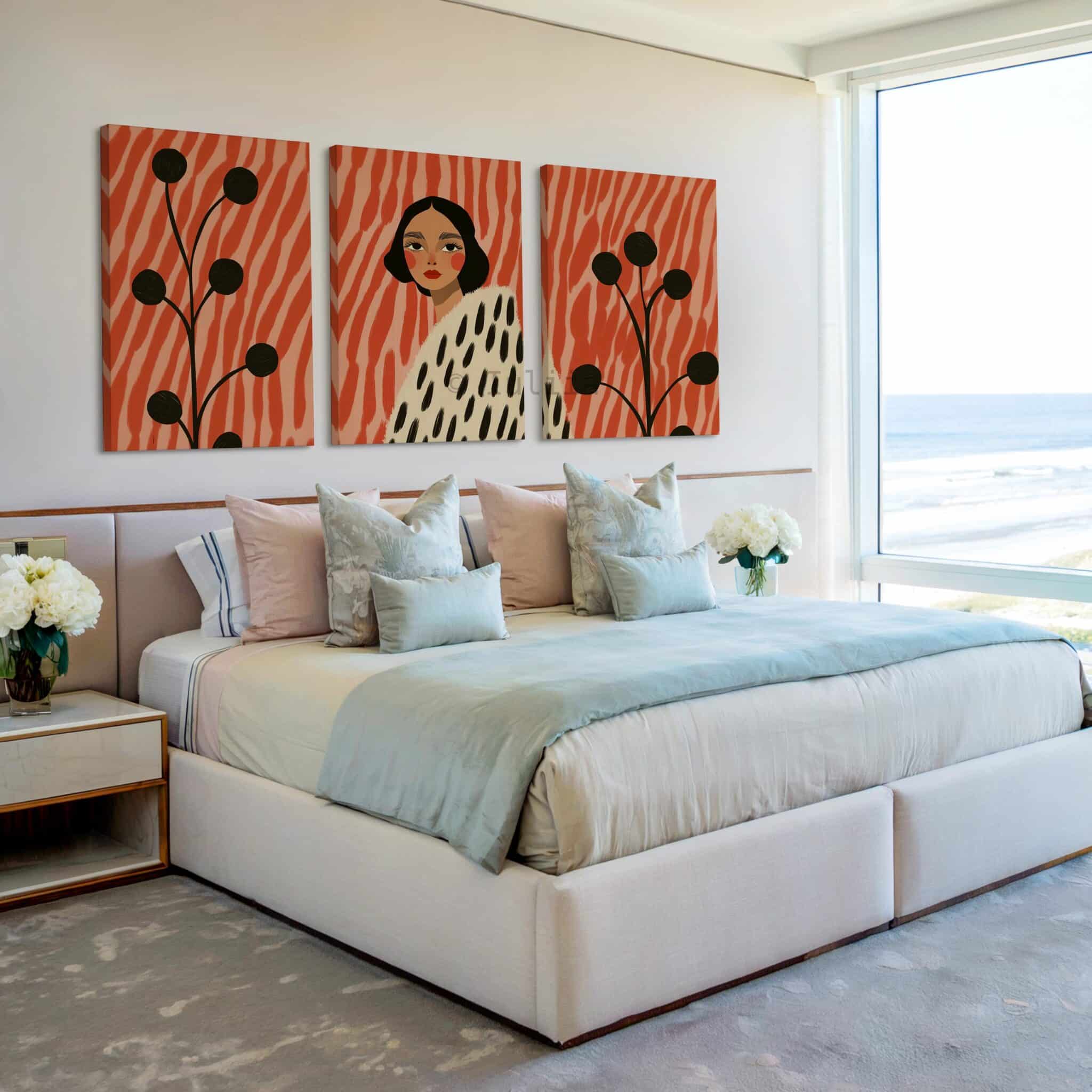 Stylish Woman Canvas Triptych, Contemporary Coral Portrait Set, Botanical Fashion Illustration, Modern Living Room Statement Wall Decor - photo #2