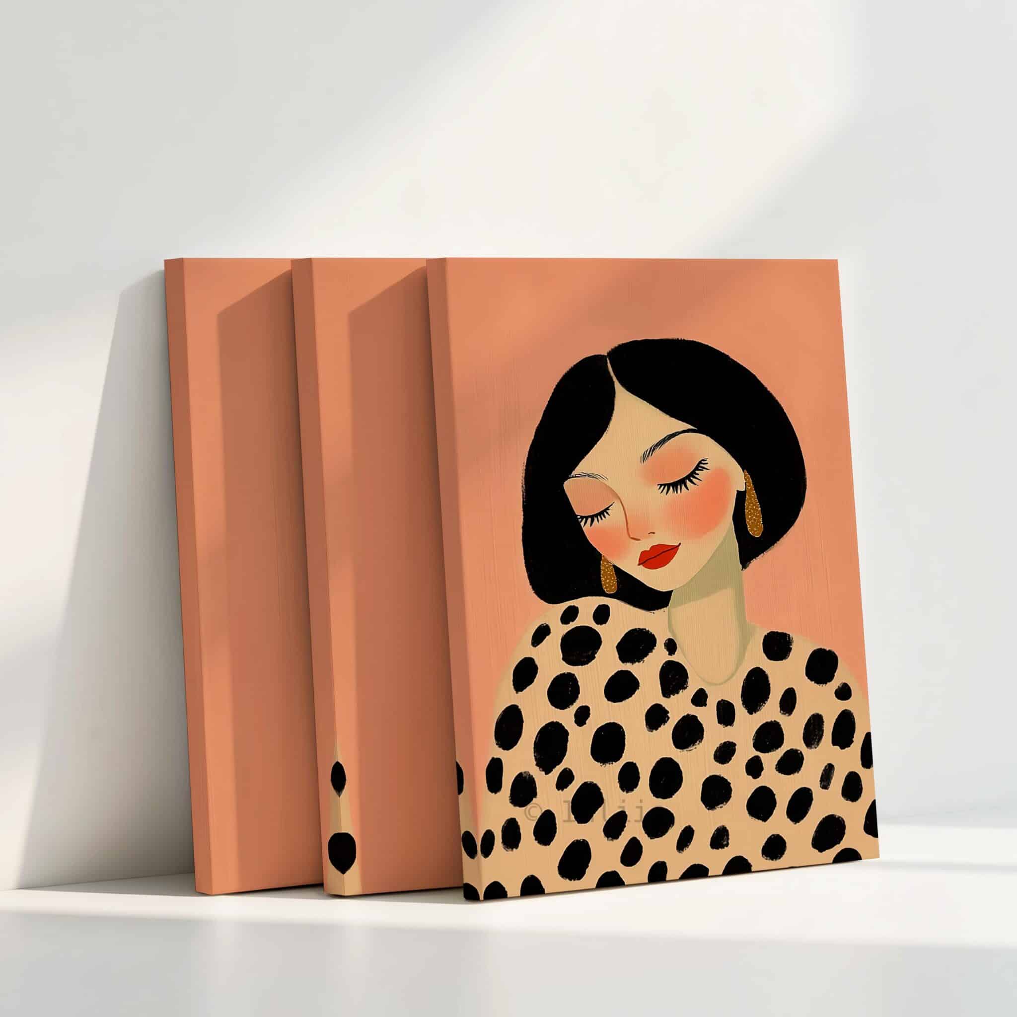 Fashion Portrait Canvas, Chic Polka Dot Woman Illustration Set, Large Contemporary Wall Decor, Blush Pink Artwork for Modern Home - photo #4