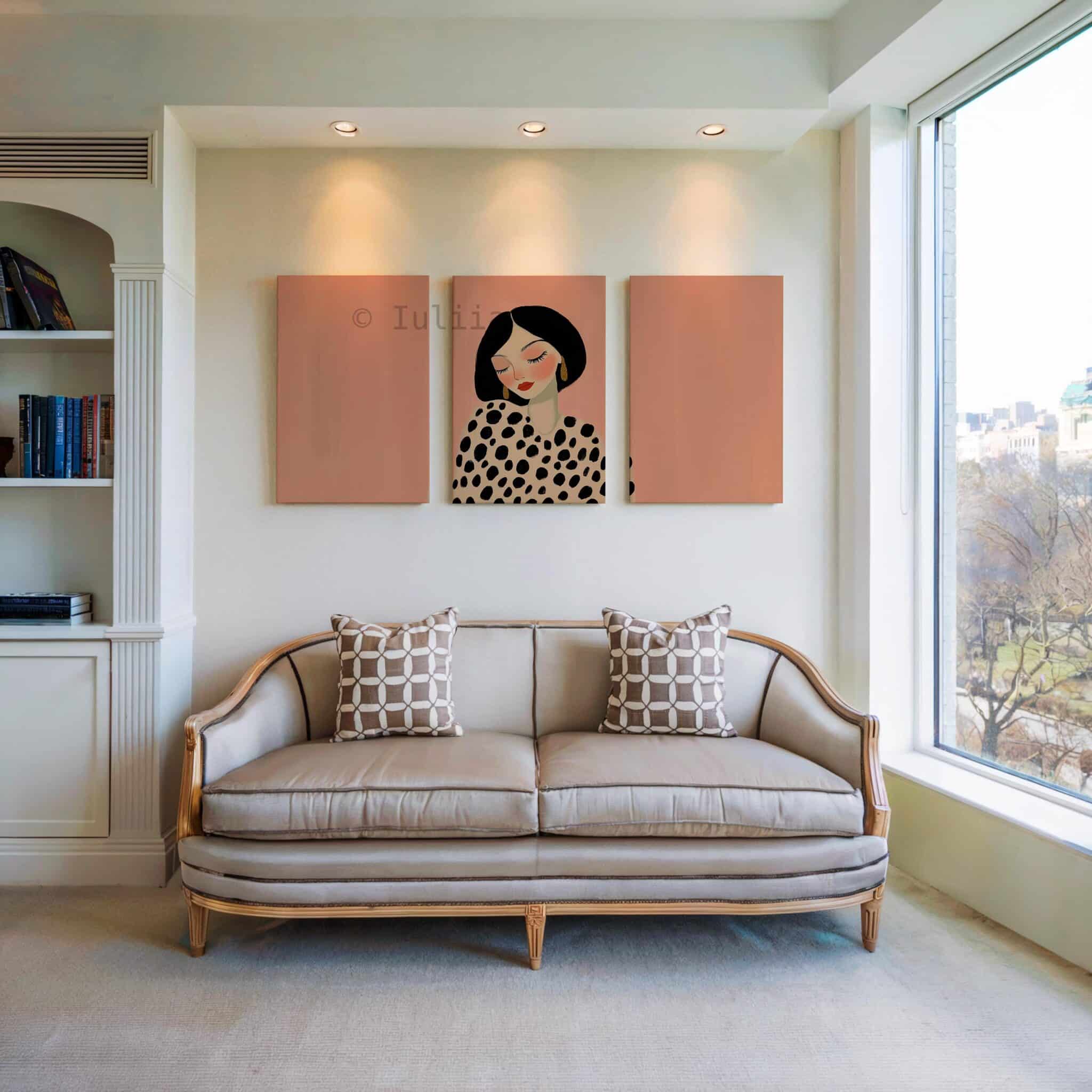 Fashion Portrait Canvas, Chic Polka Dot Woman Illustration Set, Large Contemporary Wall Decor, Blush Pink Artwork for Modern Home - photo #2