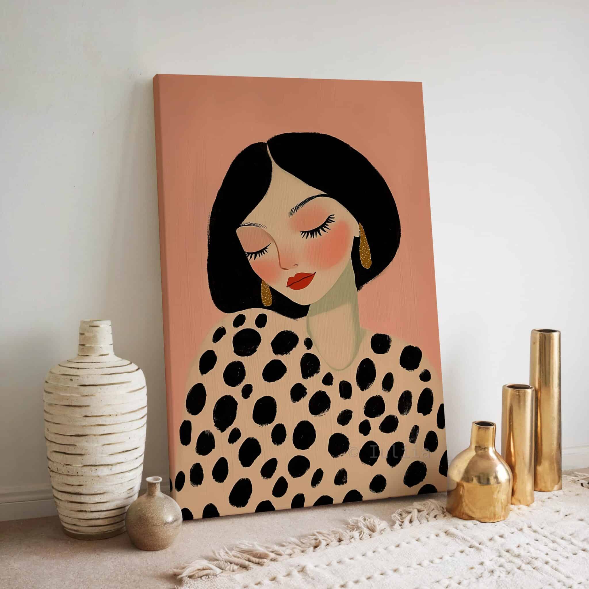 Fashion Portrait Canvas, Chic Polka Dot Woman Illustration Set, Large Contemporary Wall Decor, Blush Pink Artwork for Modern Home - photo #13