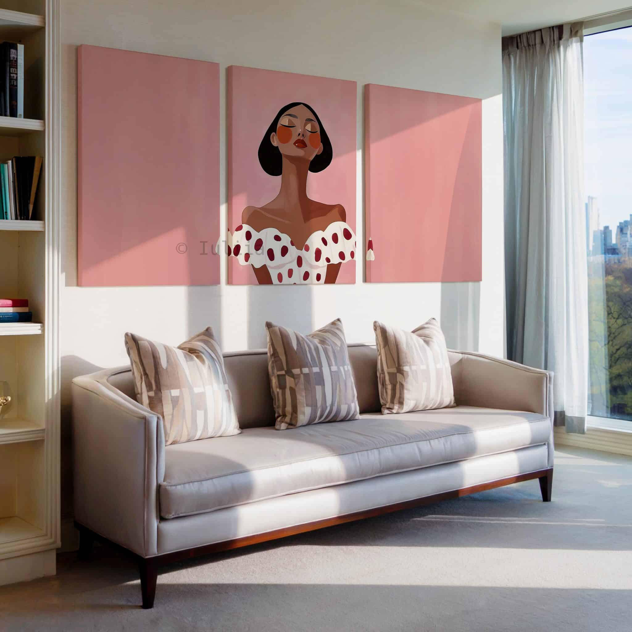 Elegant Woman Canvas Art, Minimalist Pink Portrait Triptych, Contemporary Feminine Wall Decor, Statement Artwork for Chic Bedroom Living Room - photo #3