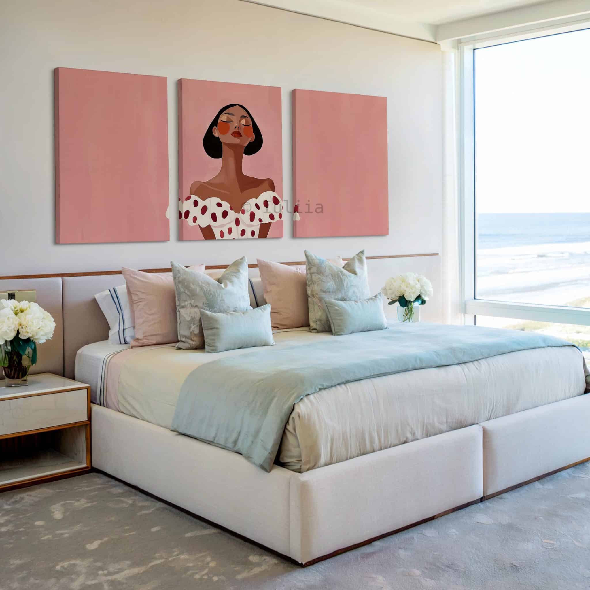 Elegant Woman Canvas Art, Minimalist Pink Portrait Triptych, Contemporary Feminine Wall Decor, Statement Artwork for Chic Bedroom Living Room
