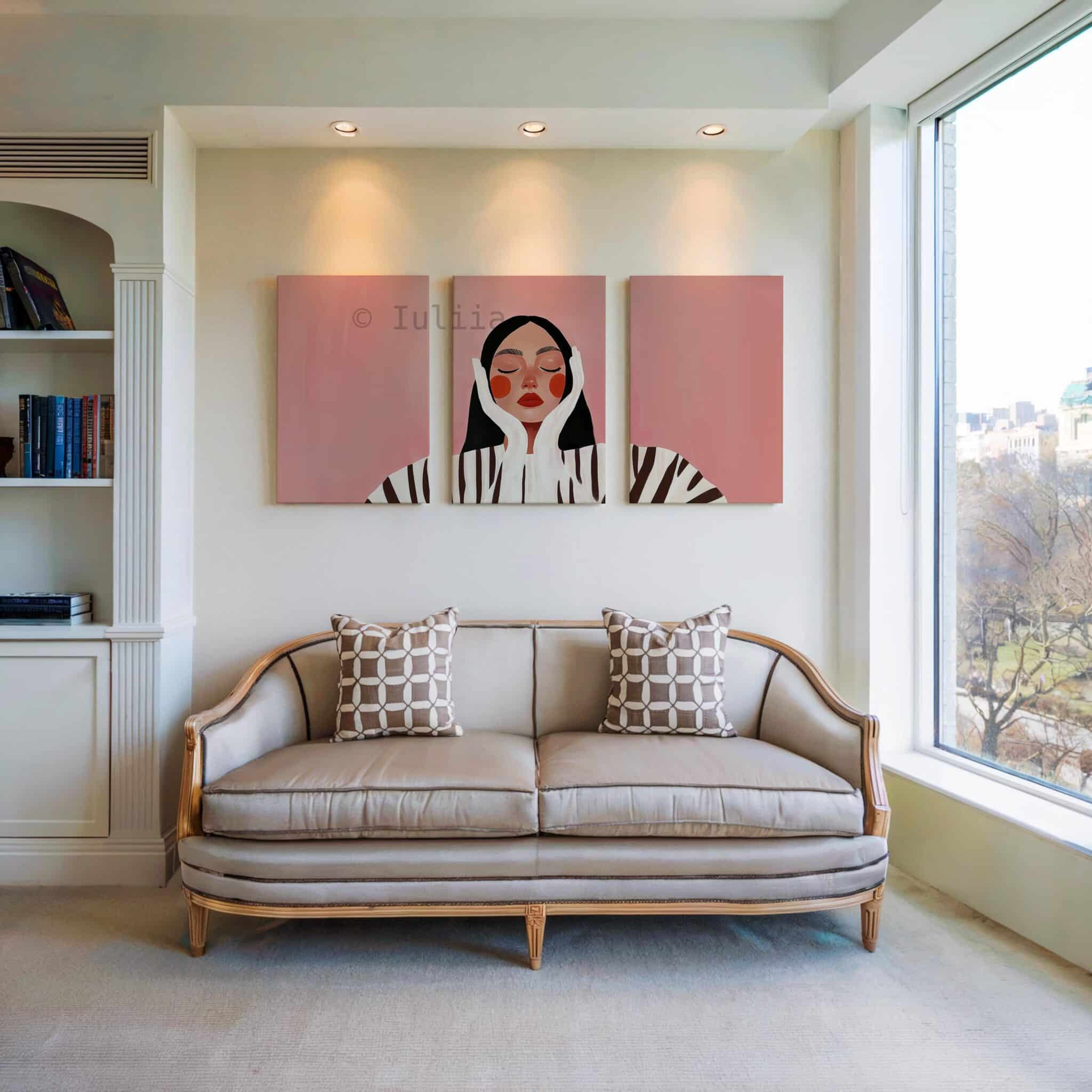 Serene Portrait Canvas Wall Art, Minimalist Blush Woman Illustration Set, Contemporary Pink Wall Decor, Peaceful Bedroom Living Room Artwork - photo #3