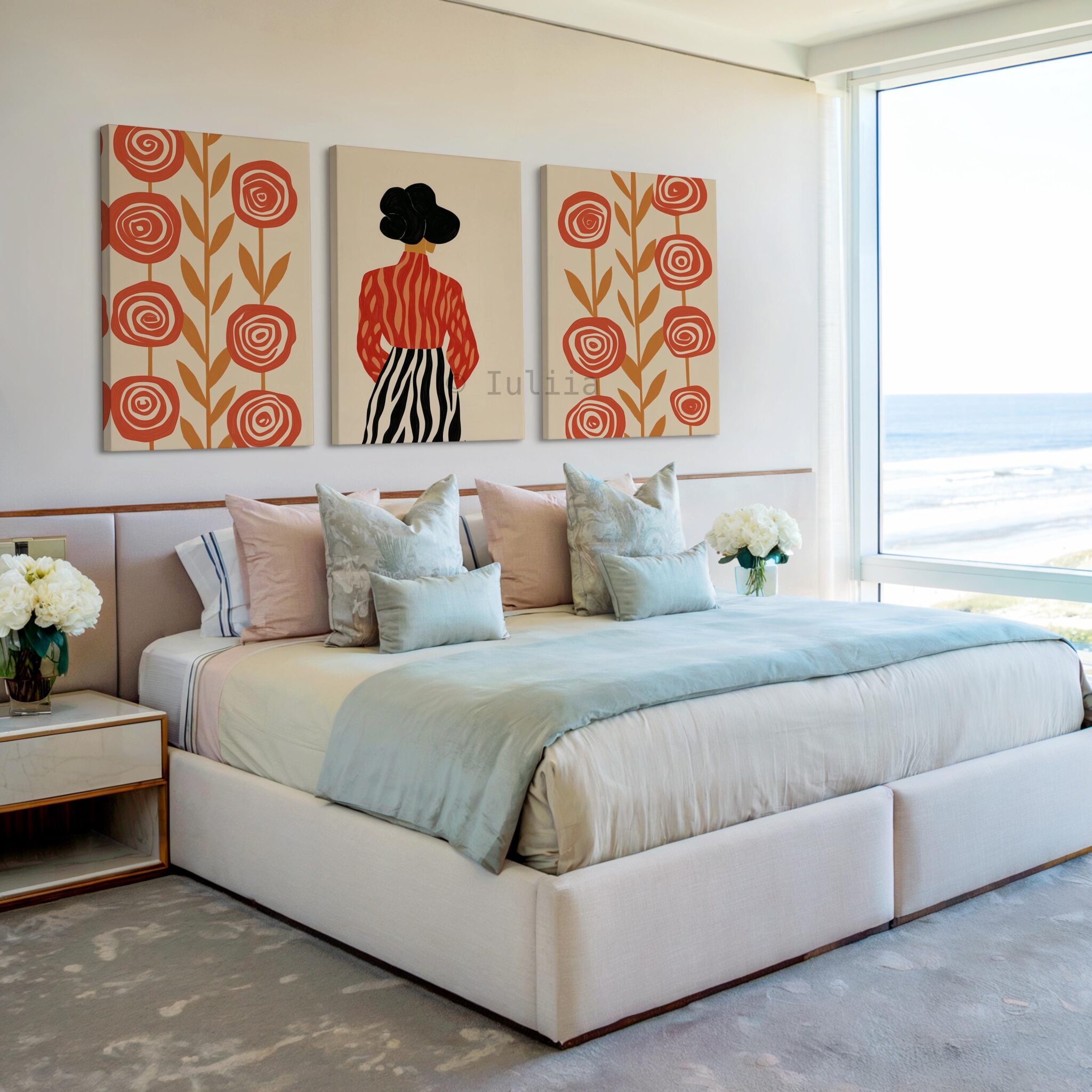 Stylish Woman Three Panels Canvas, Floral Fashion Illustration, Contemporary Portrait Artwork, Neutral Living Room Decor, Three Panel Wall Design - photo #2