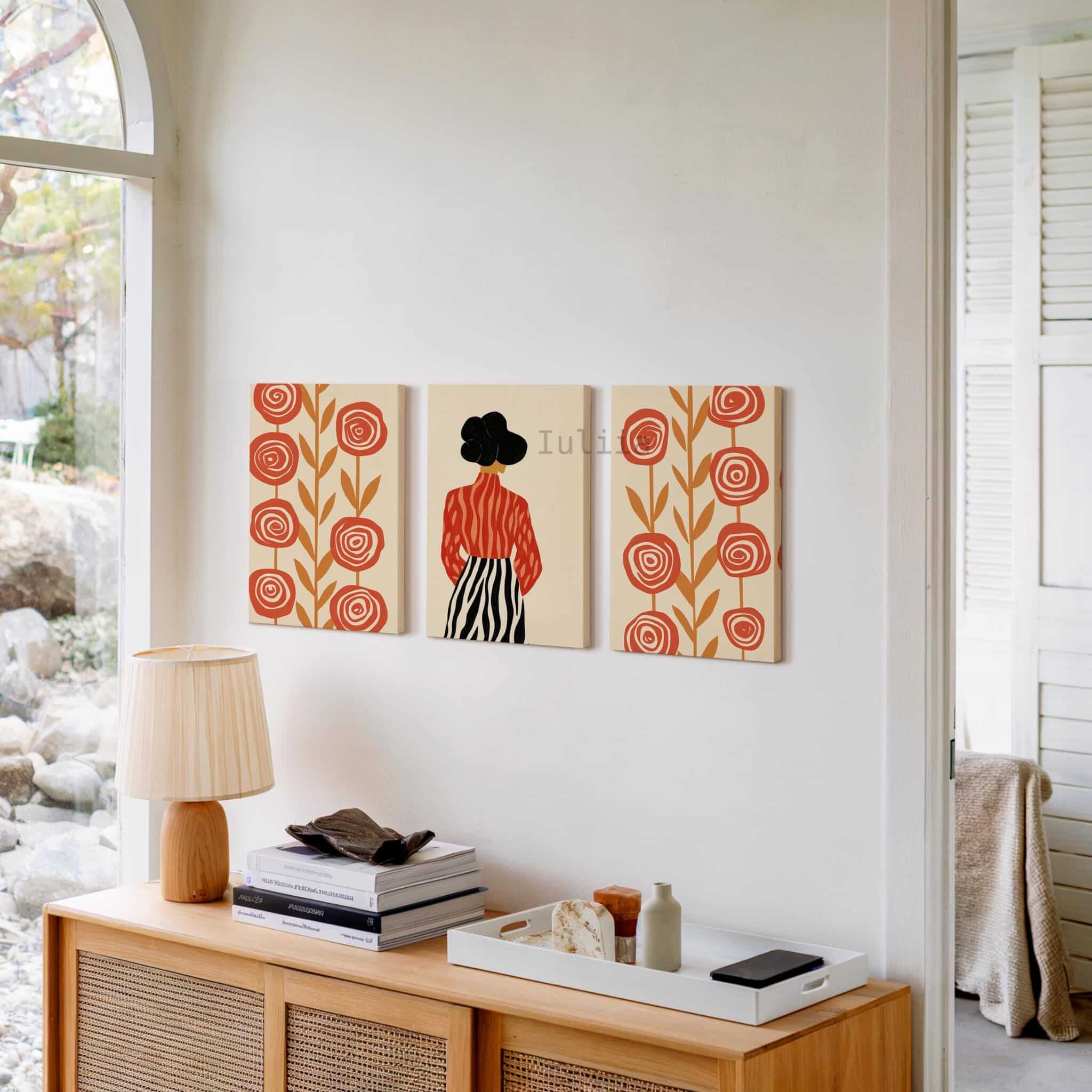 Stylish Woman Three Panels Canvas, Floral Fashion Illustration, Contemporary Portrait Artwork, Neutral Living Room Decor, Three Panel Wall Design - photo #9