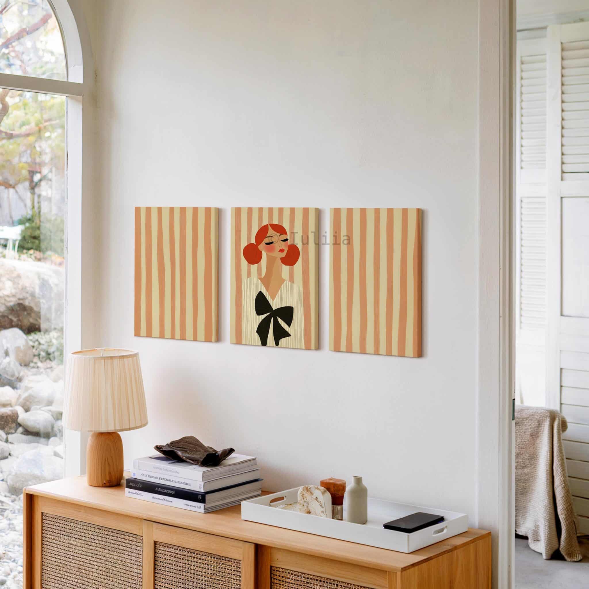 Bow Fashion Triptych Canvas, Elegant Woman Portrait, Contemporary Feminine Wall Decor, Chic Bedroom Statement Artwork, Three Panel Artwork - photo #9