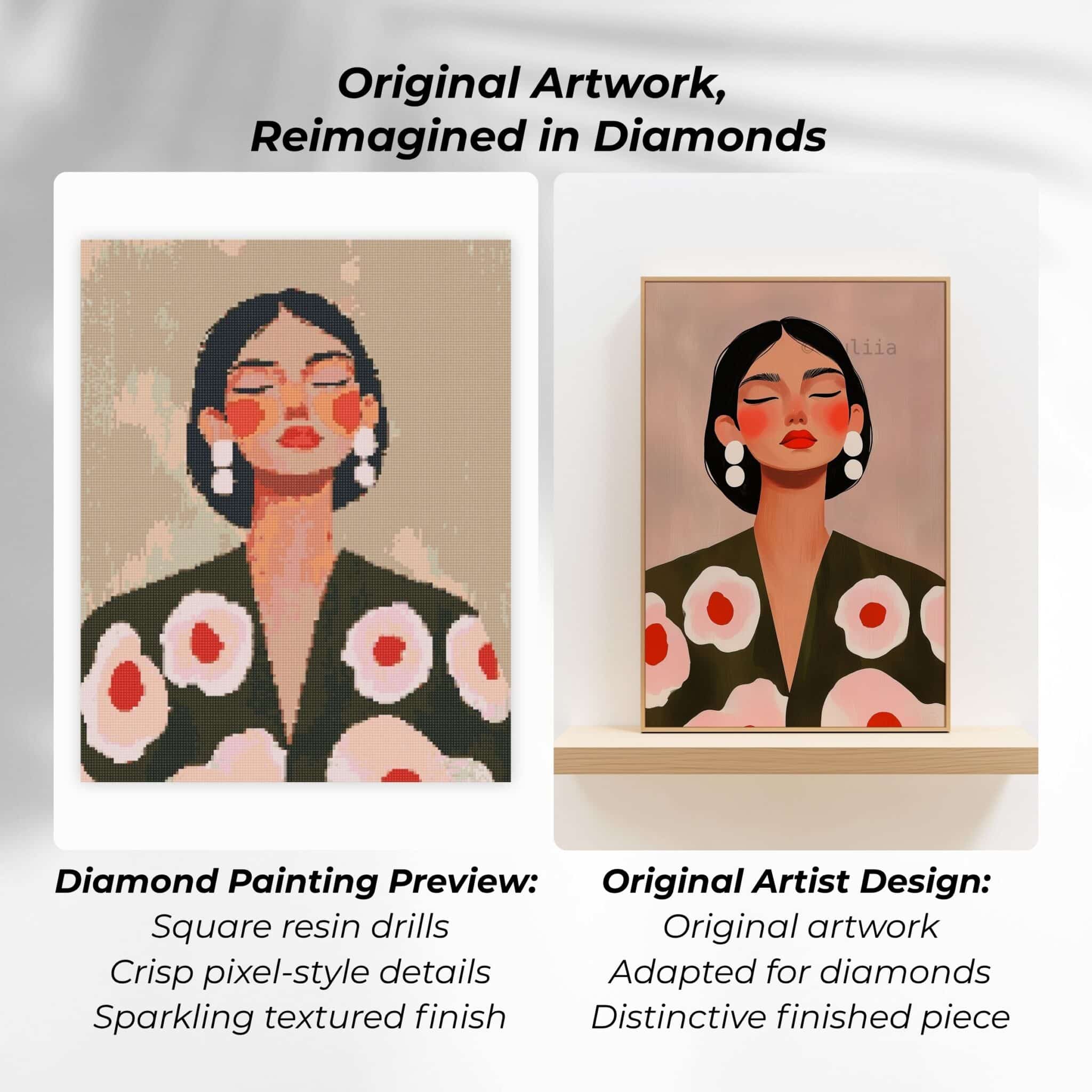 Woman Diamond Art Kit, Square Drill Floral Portrait with Black Hair, Calm Modern Craft for Adults - photo #1