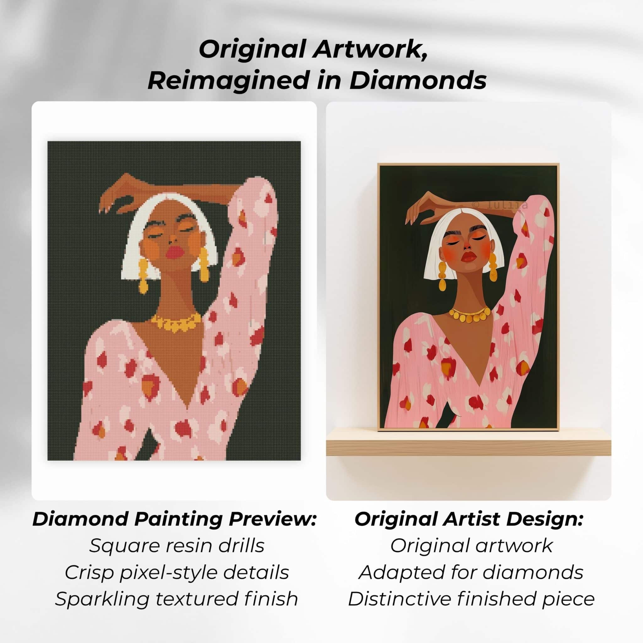Fashion Diamond Painting, Square Drill White Bob Woman Portrait in Pink Patterned Dress, Full Coverage Adult Craft Kit - photo #1