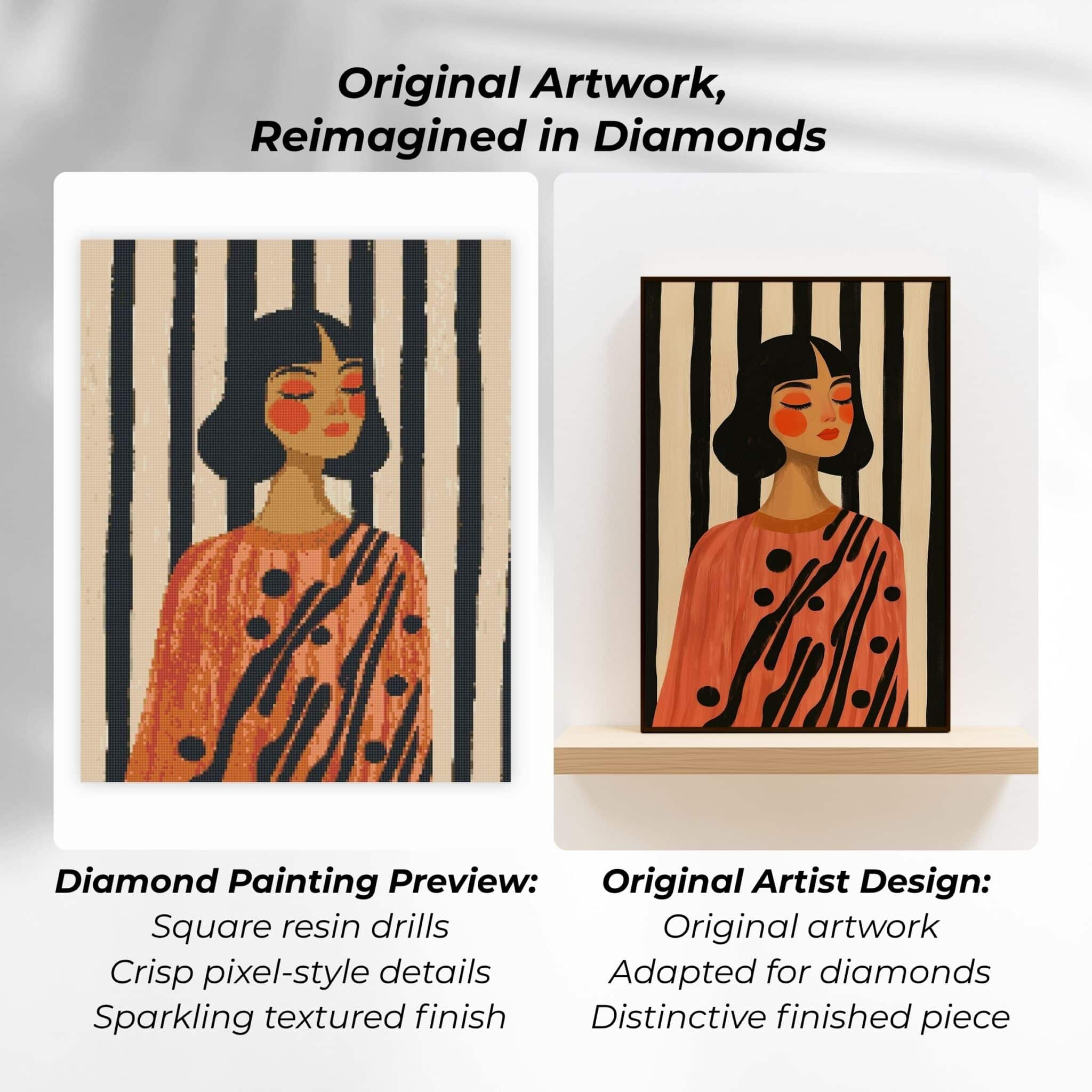 Abstract Portrait Kit, Square Drill Woman in Orange Graphic Dress with Black Stripes, Full Coverage Diamond Painting for Adults - photo #1