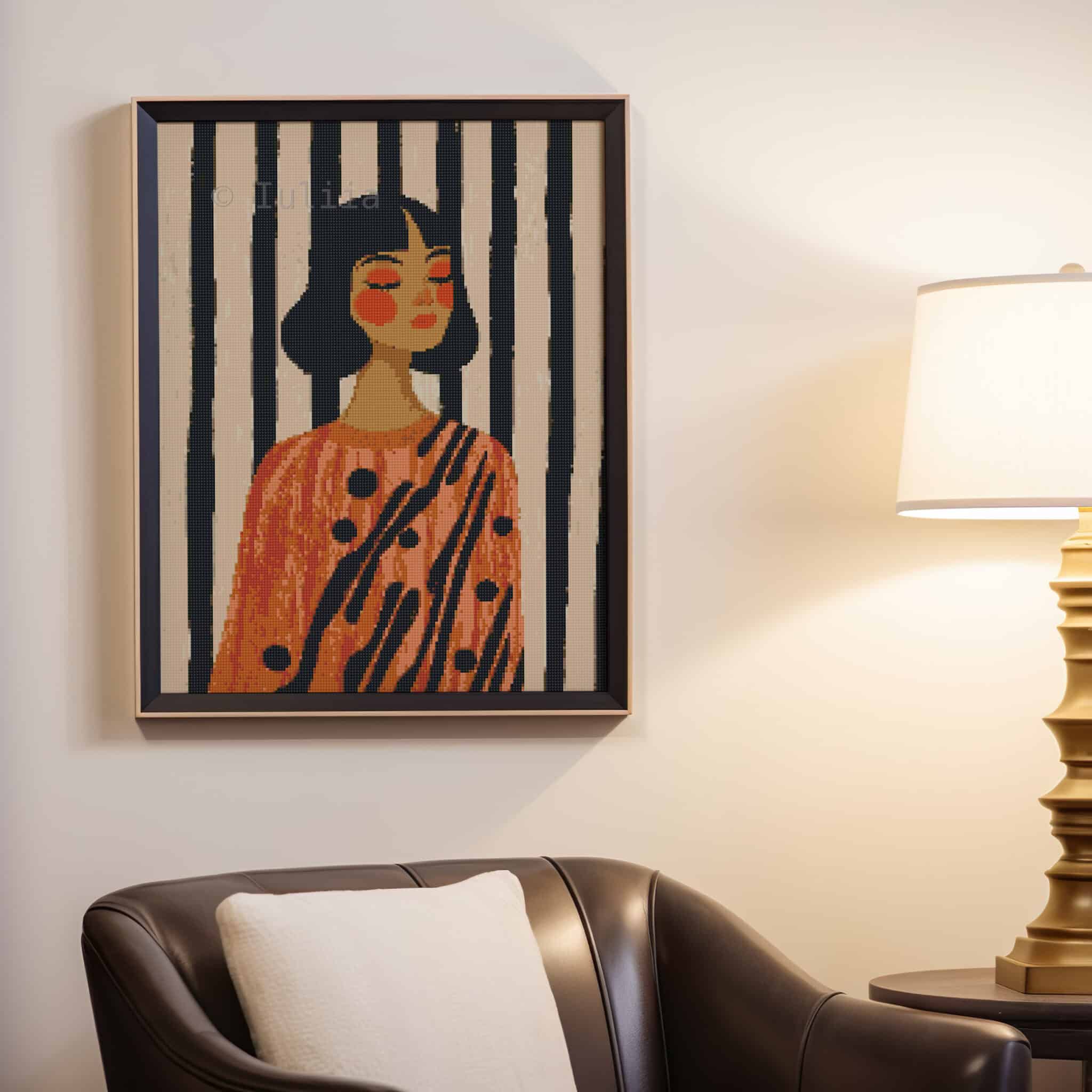 Abstract Portrait Kit, Square Drill Woman in Orange Graphic Dress with Black Stripes, Full Coverage Diamond Painting for Adults - photo #7