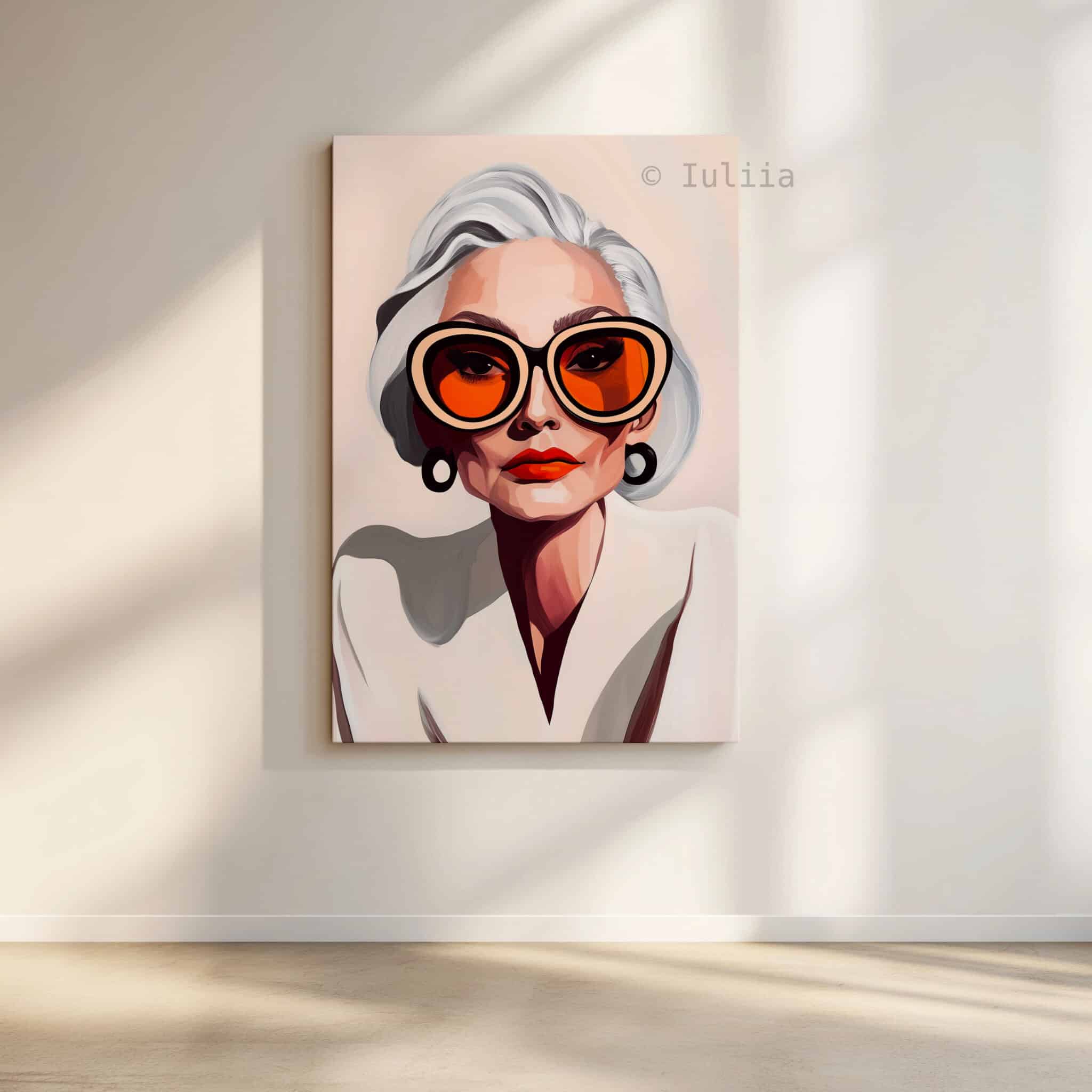 Elegant Woman Art Canvas, Silver-Haired Portrait, Statement Glasses Print, Sophisticated Contemporary Decor
