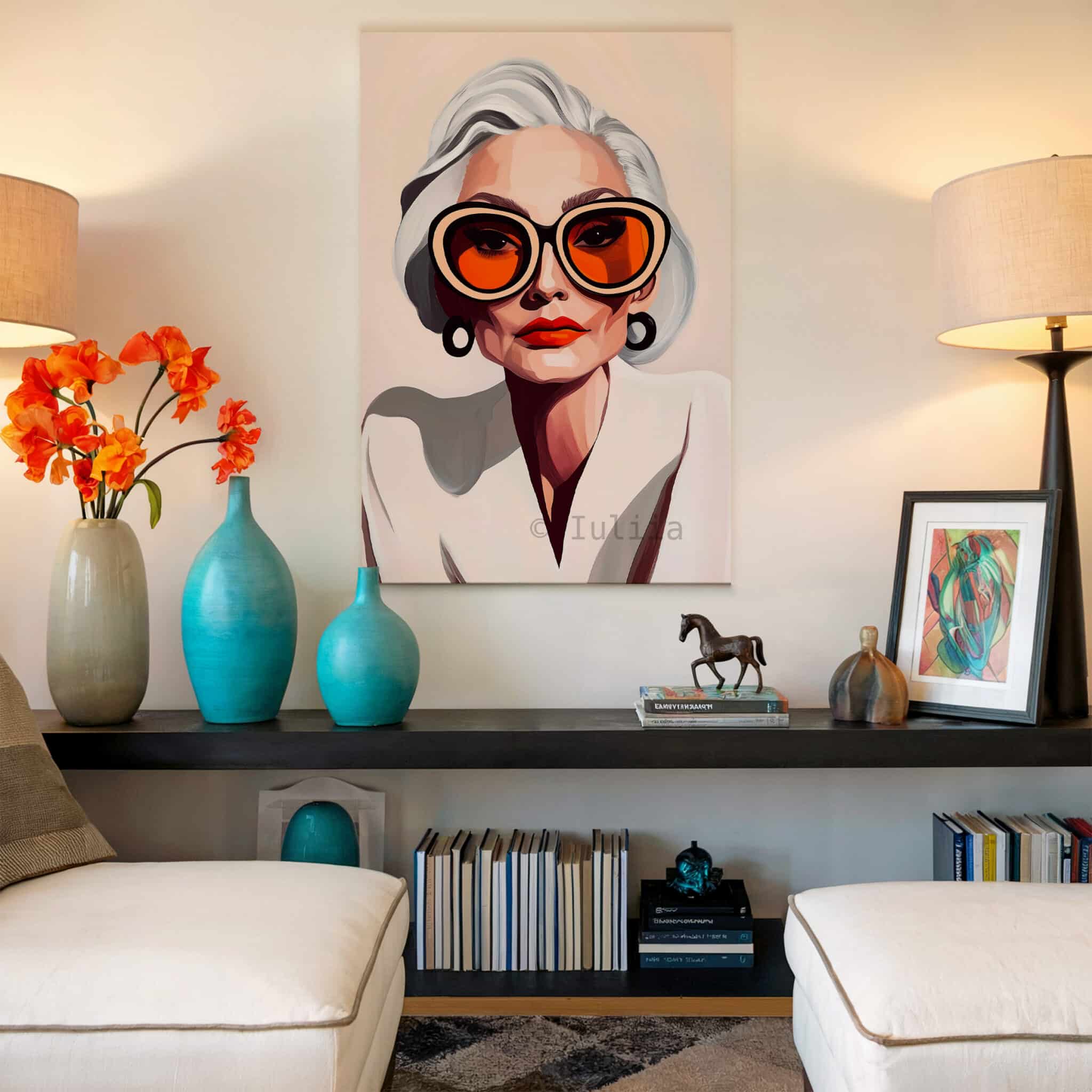 Elegant Woman Art Canvas, Silver-Haired Portrait, Statement Glasses Print, Sophisticated Contemporary Decor - photo #16