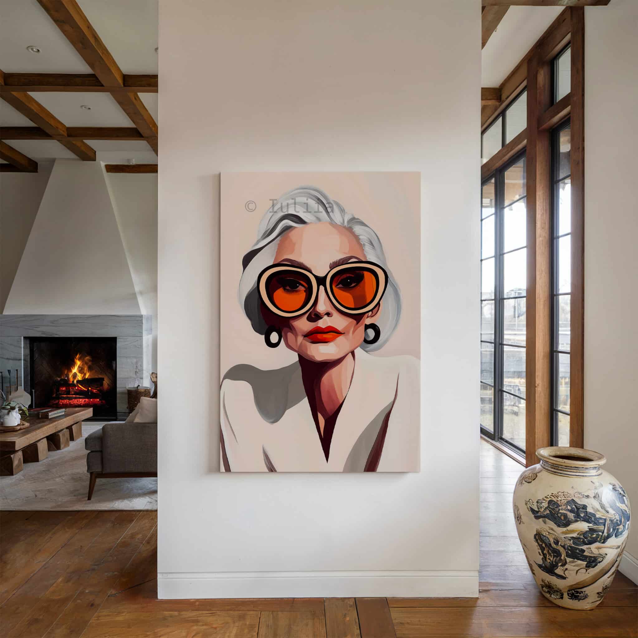 Elegant Woman Art Canvas, Silver-Haired Portrait, Statement Glasses Print, Sophisticated Contemporary Decor - photo #4