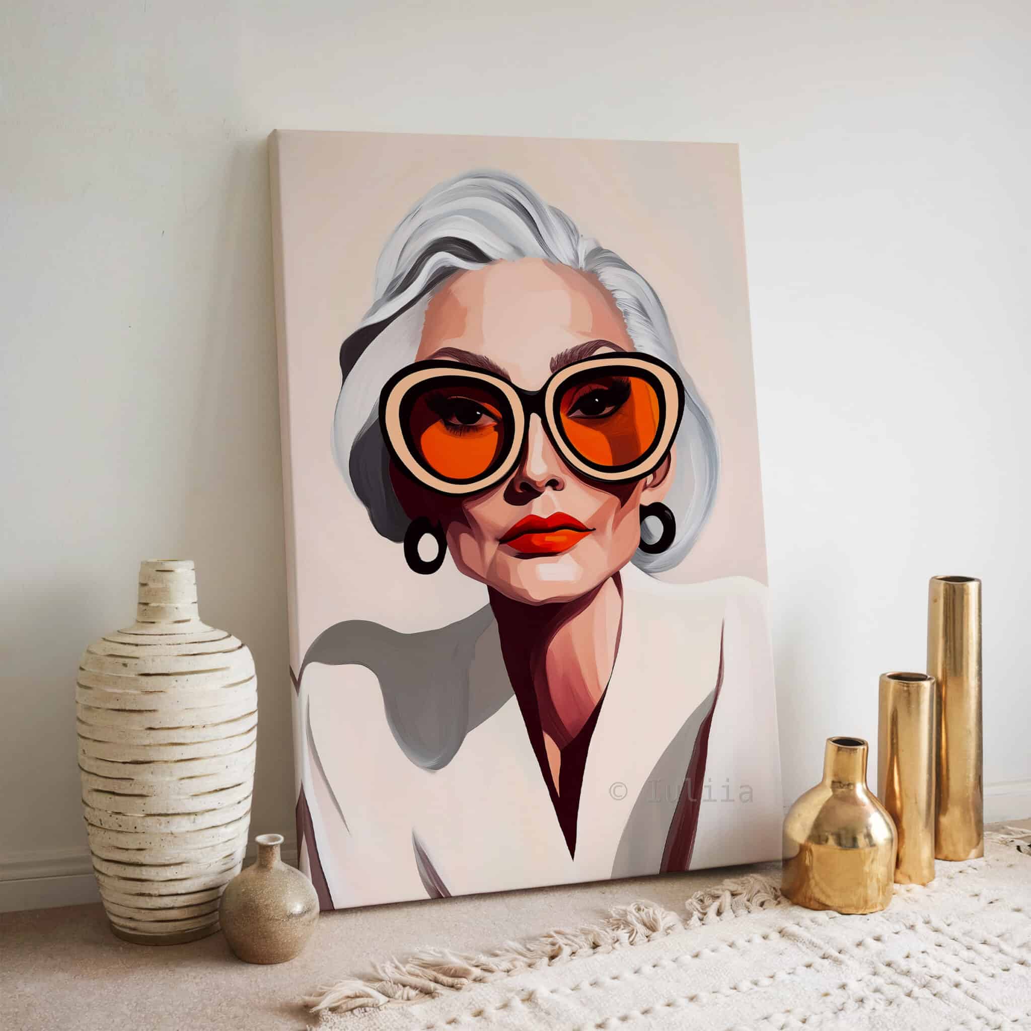 Elegant Woman Art Canvas, Silver-Haired Portrait, Statement Glasses Print, Sophisticated Contemporary Decor - photo #6