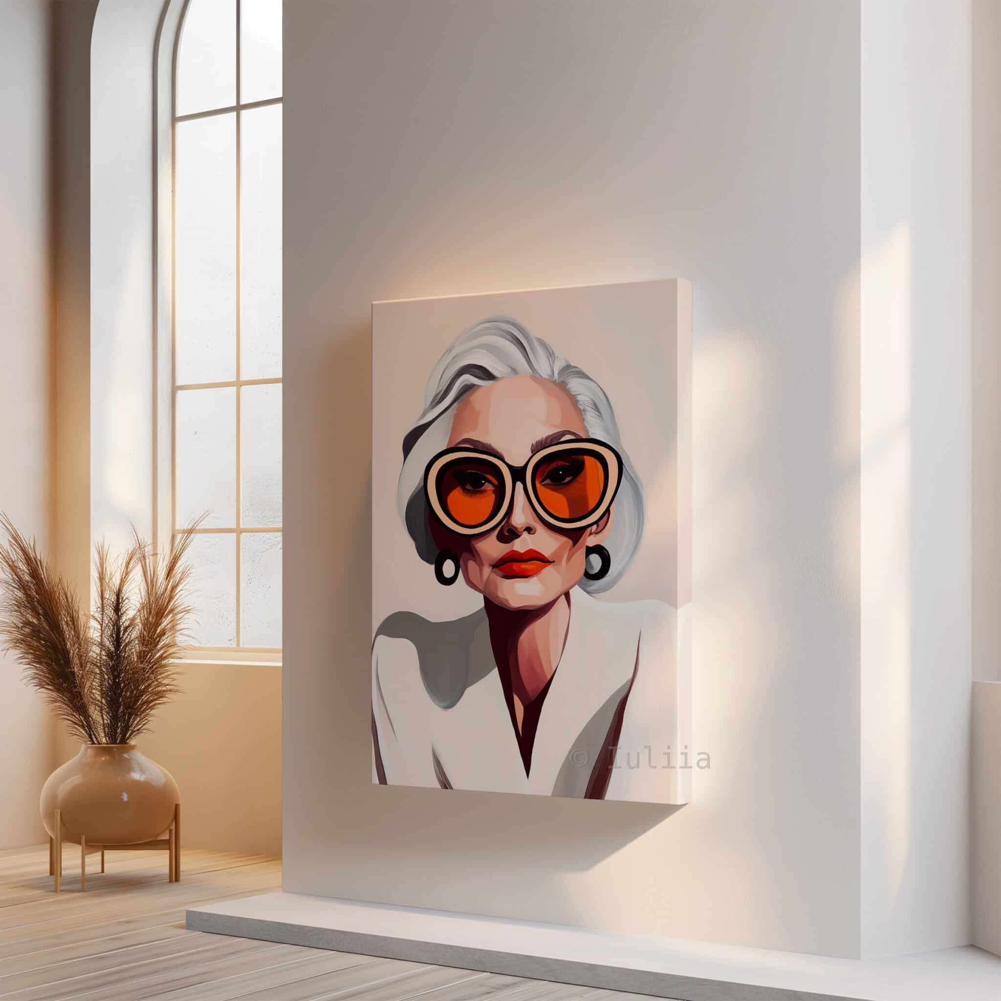 Elegant Woman Art Canvas, Silver-Haired Portrait, Statement Glasses Print, Sophisticated Contemporary Decor - photo #14