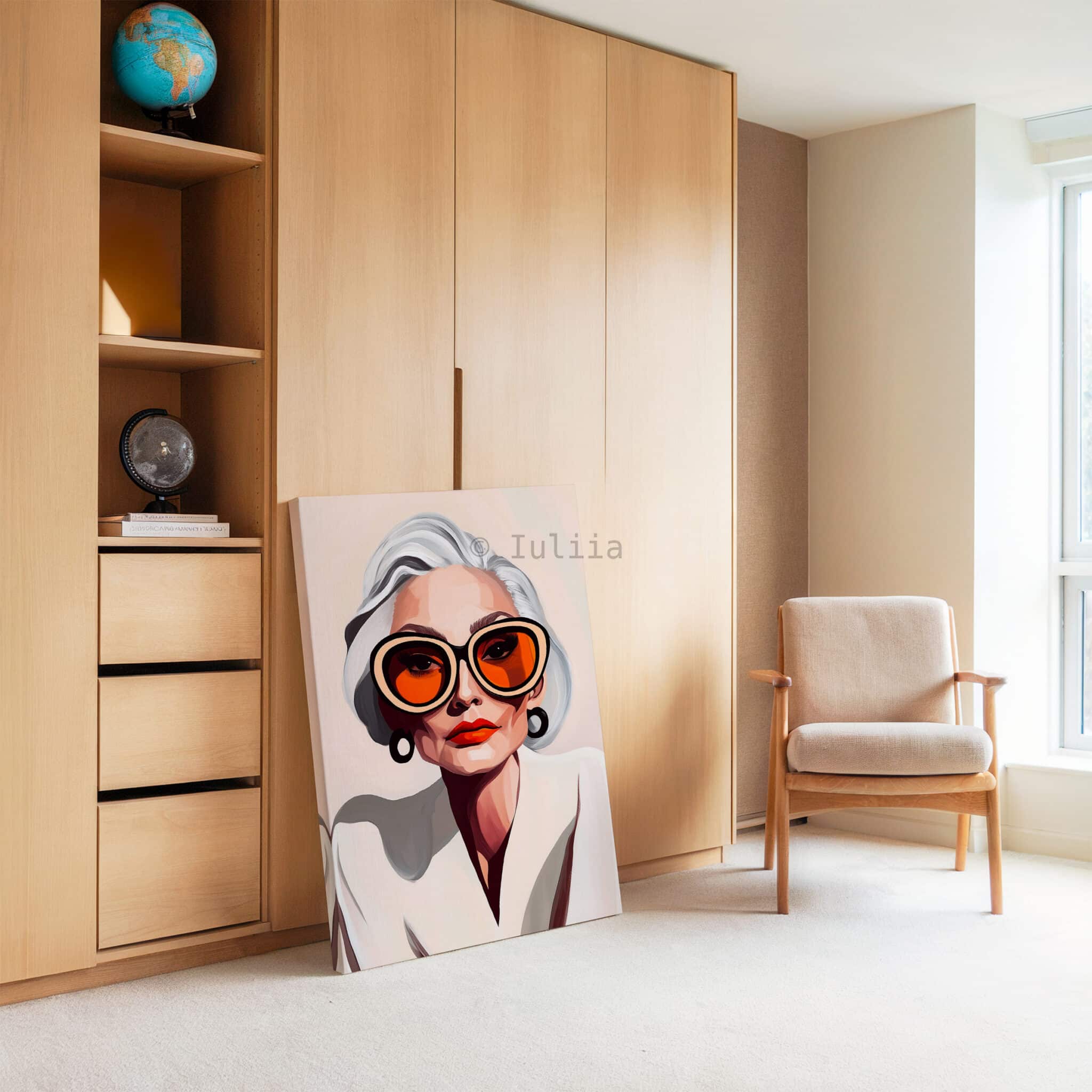 Elegant Woman Art Canvas, Silver-Haired Portrait, Statement Glasses Print, Sophisticated Contemporary Decor - photo #3
