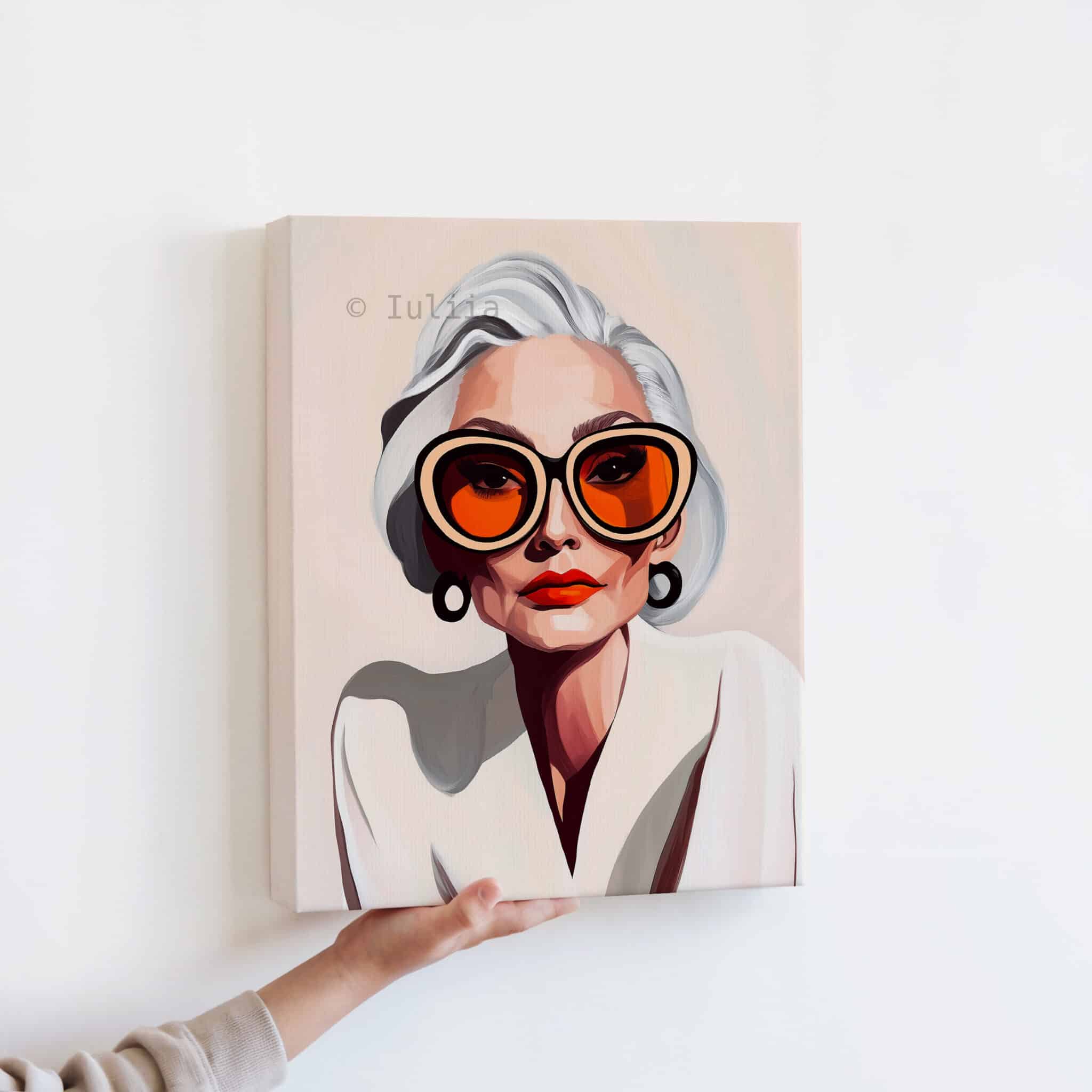 Elegant Woman Art Canvas, Silver-Haired Portrait, Statement Glasses Print, Sophisticated Contemporary Decor - photo #12