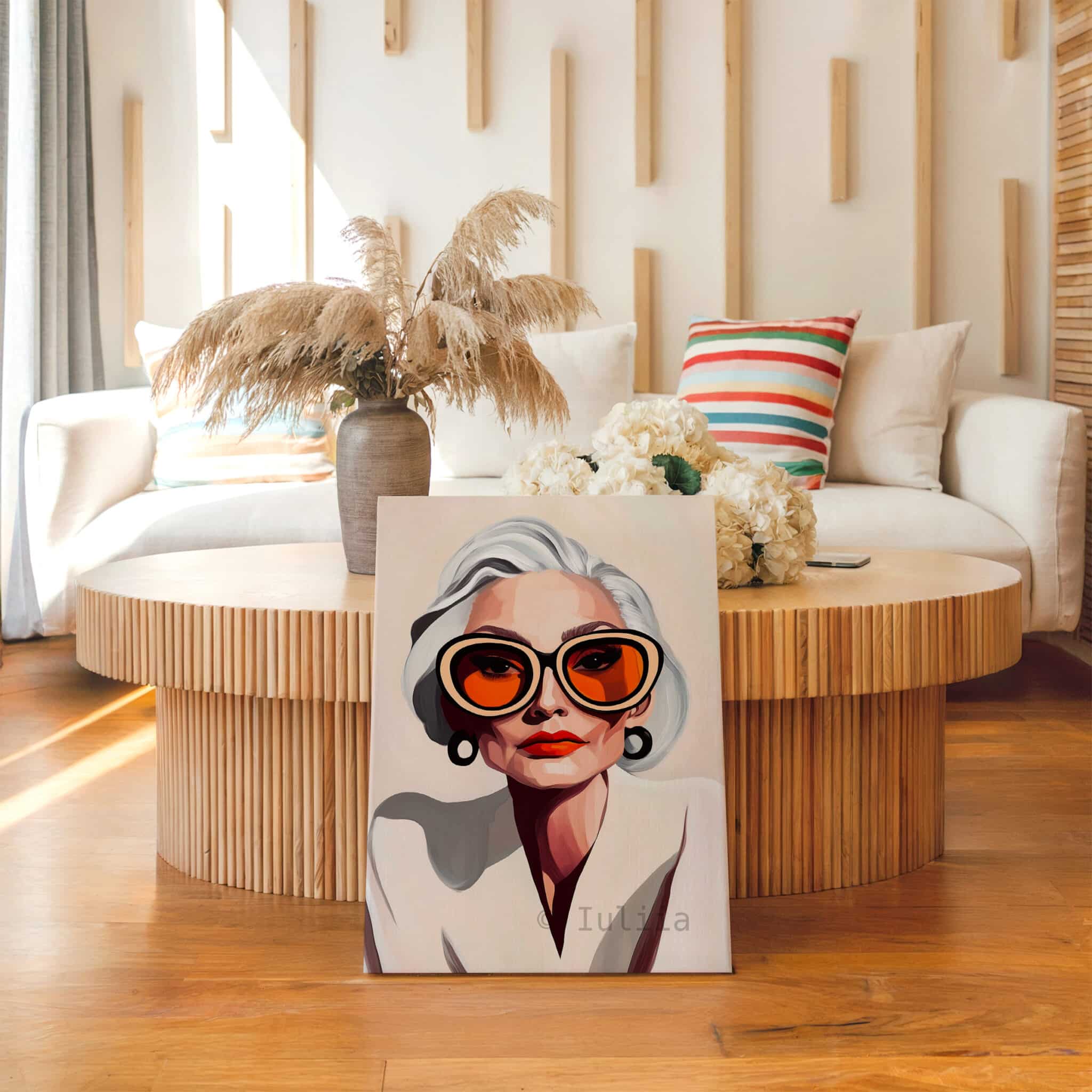 Elegant Woman Art Canvas, Silver-Haired Portrait, Statement Glasses Print, Sophisticated Contemporary Decor - photo #13
