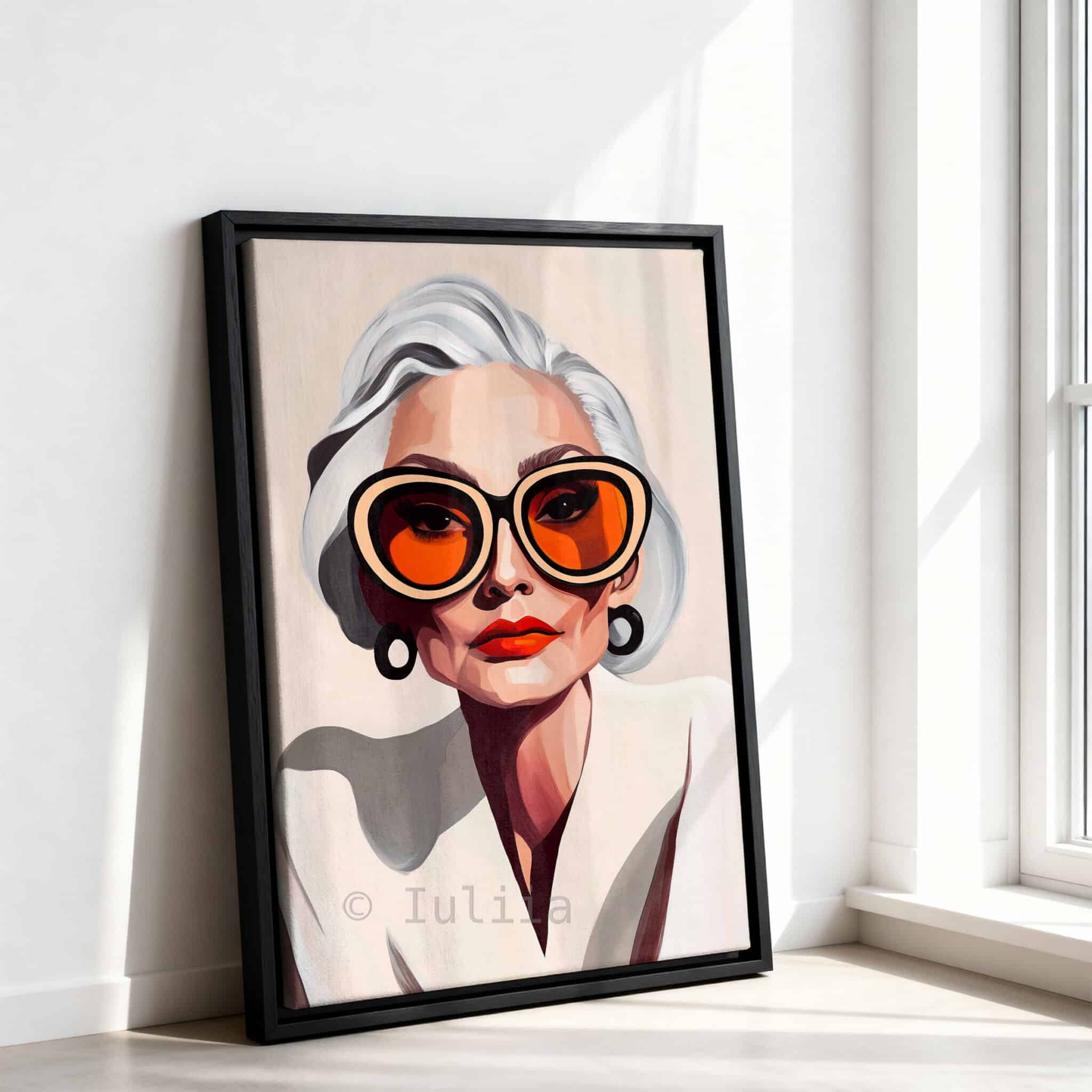 Elegant Woman Art Canvas, Silver-Haired Portrait, Statement Glasses Print, Sophisticated Contemporary Decor - photo #10