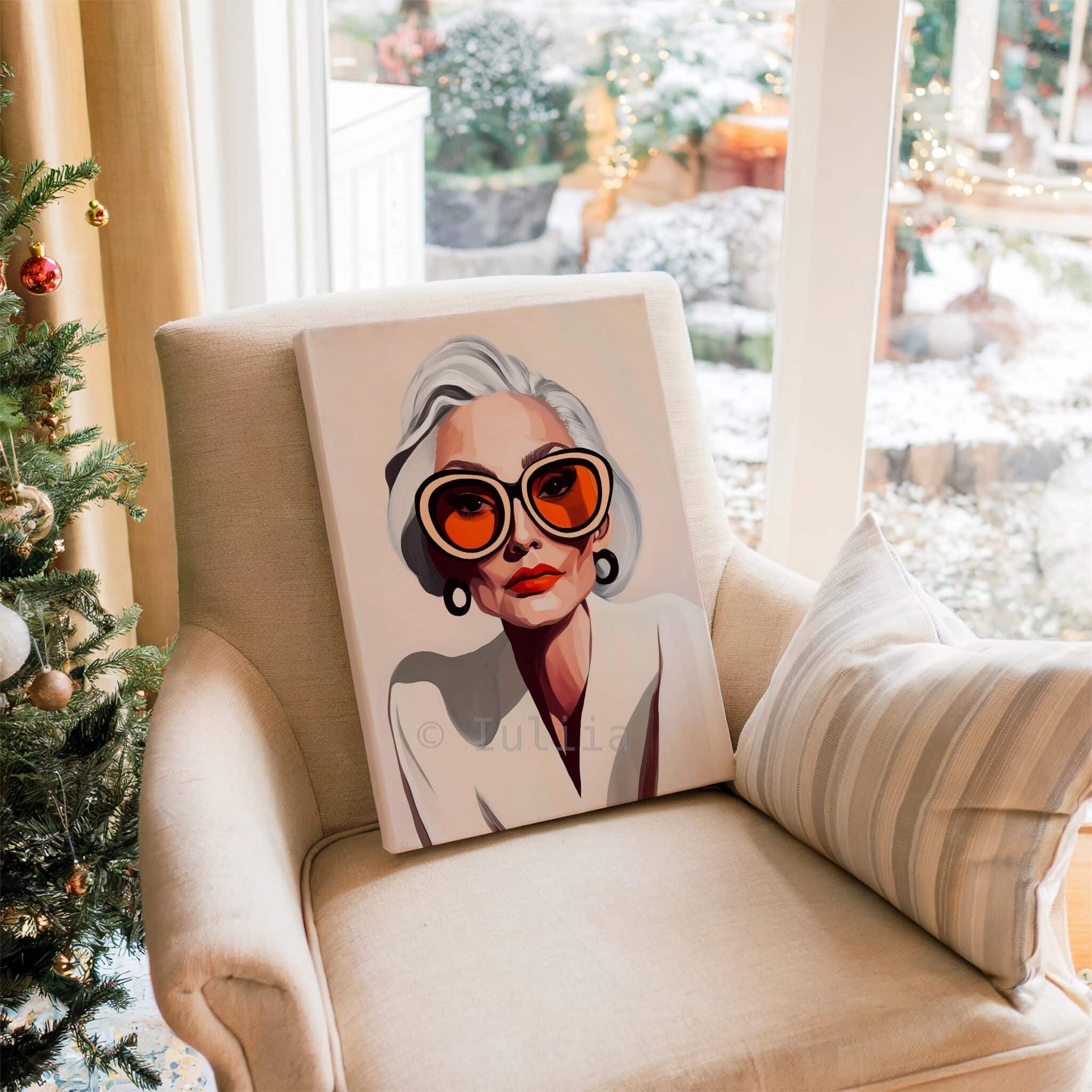 Elegant Woman Art Canvas, Silver-Haired Portrait, Statement Glasses Print, Sophisticated Contemporary Decor - photo #15