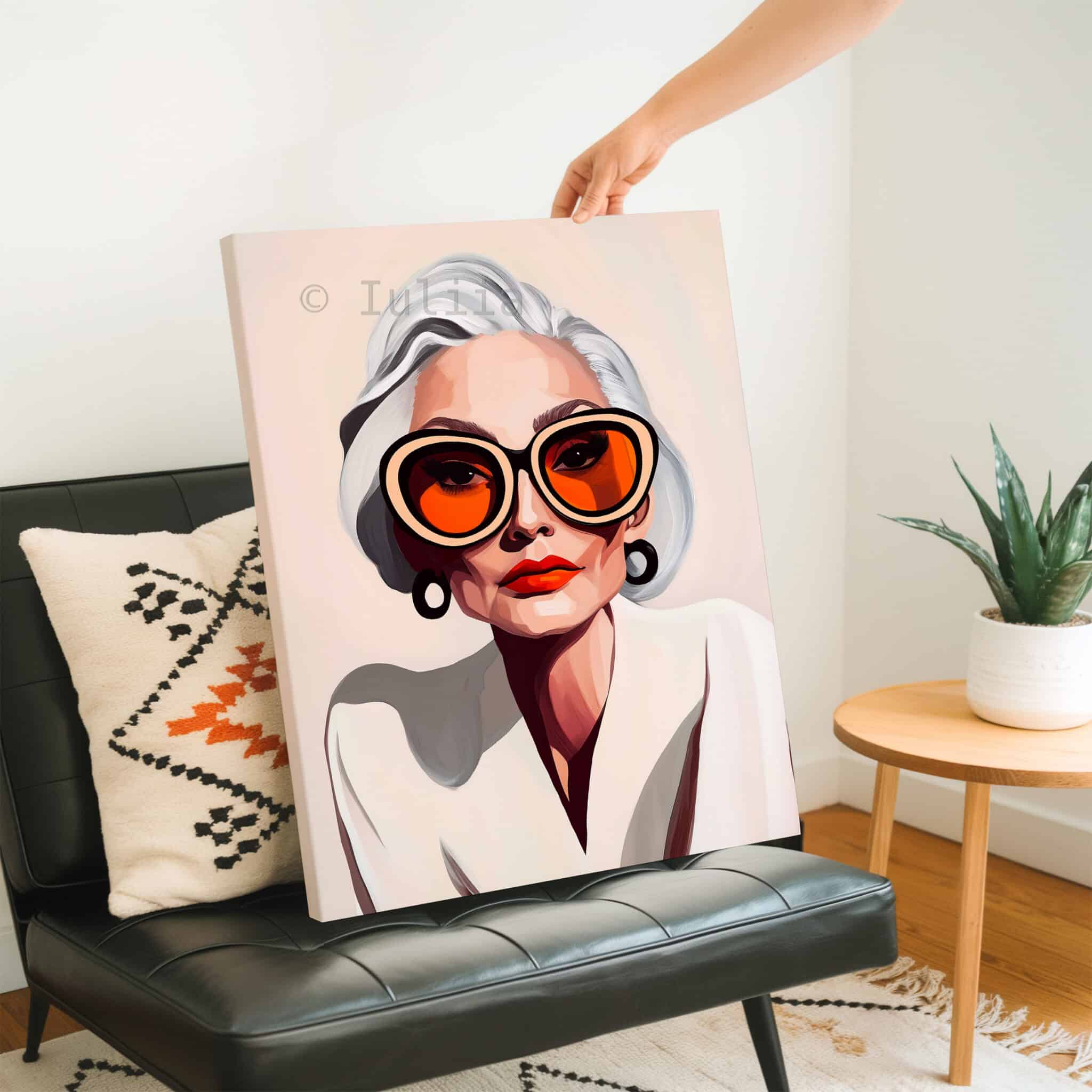 Elegant Woman Art Canvas, Silver-Haired Portrait, Statement Glasses Print, Sophisticated Contemporary Decor - photo #2