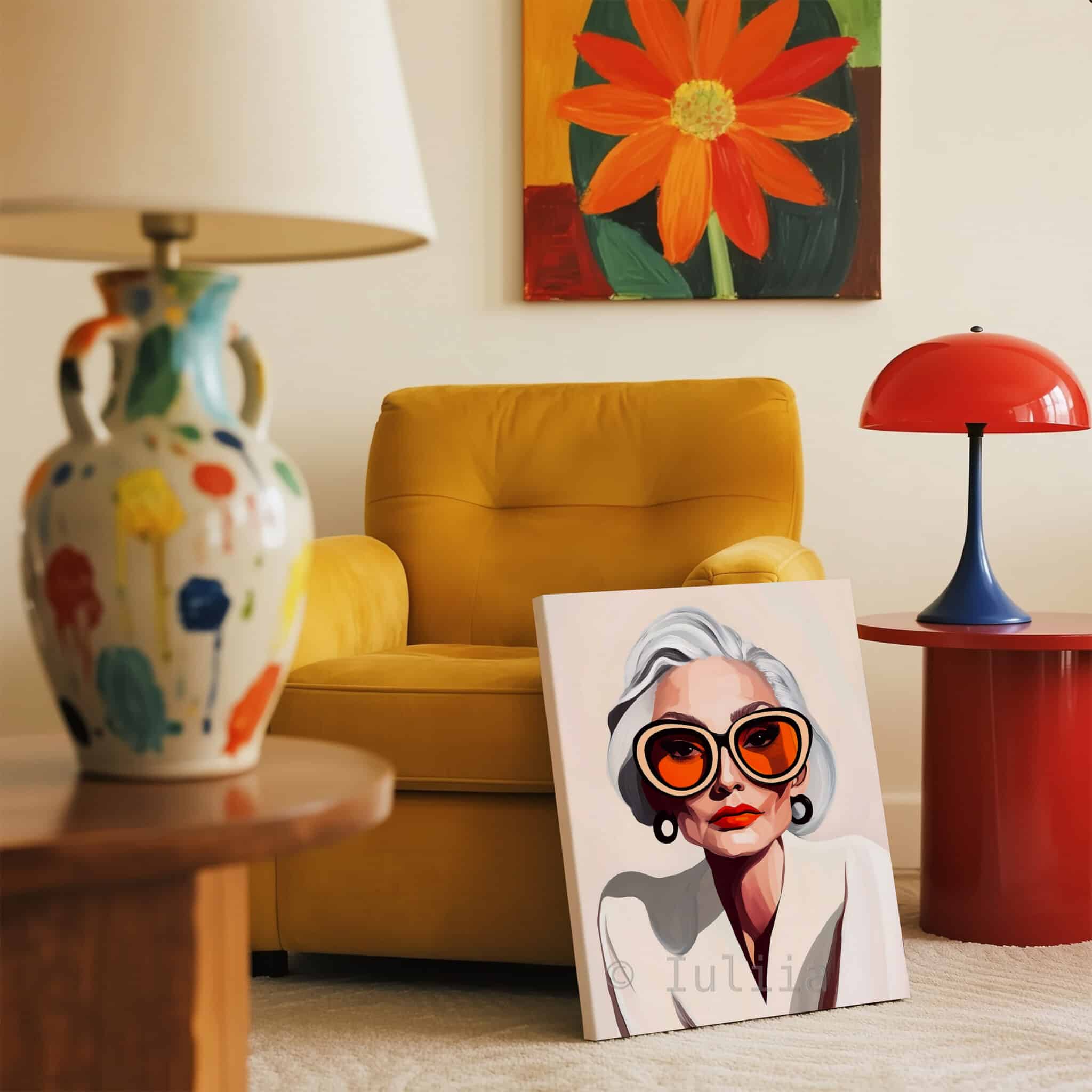 Elegant Woman Art Canvas, Silver-Haired Portrait, Statement Glasses Print, Sophisticated Contemporary Decor - photo #11
