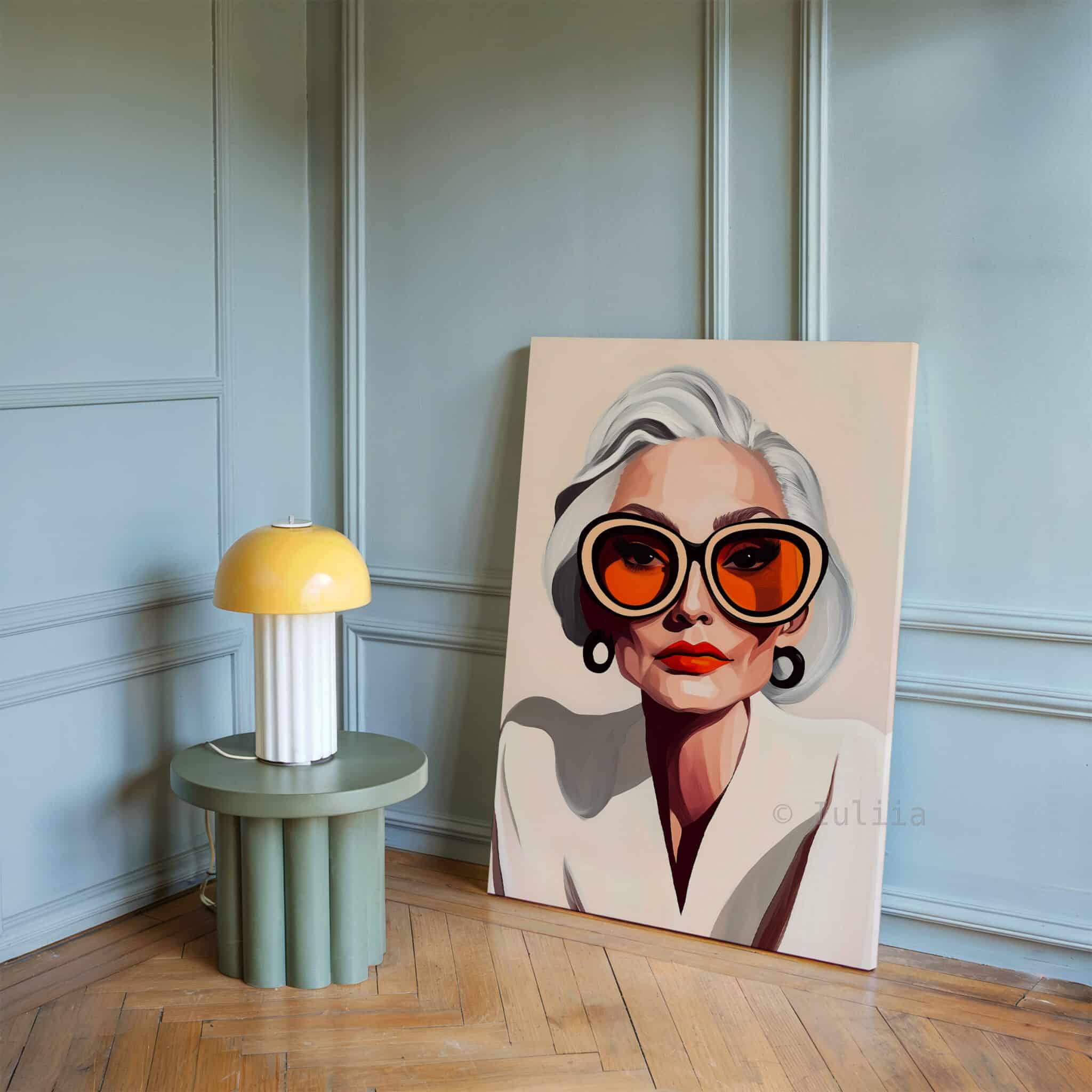 Elegant Woman Art Canvas, Silver-Haired Portrait, Statement Glasses Print, Sophisticated Contemporary Decor - photo #17