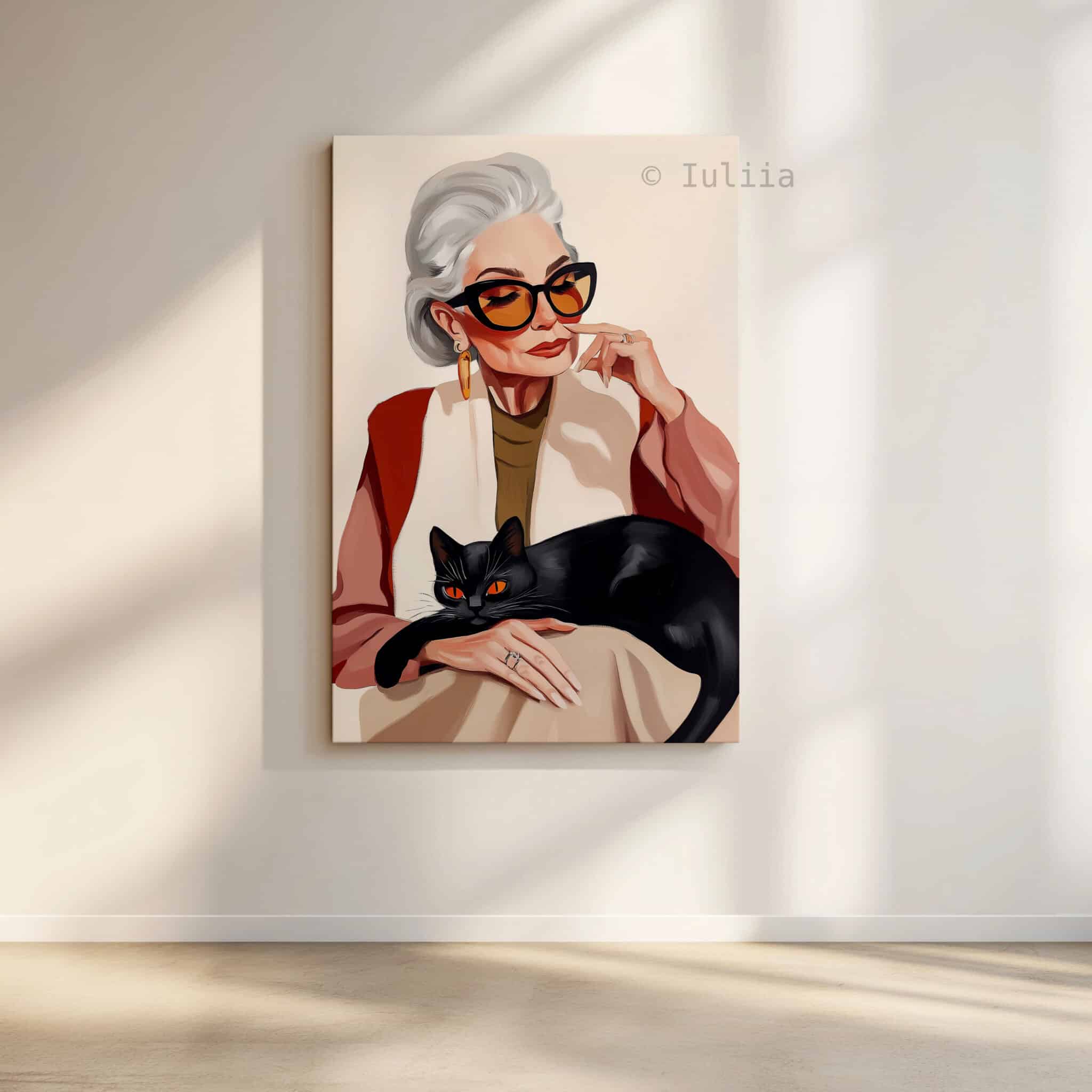 Lady with Black Cat Art Canvas, Stylish Woman with Feline Companion, Contemporary Home Decor