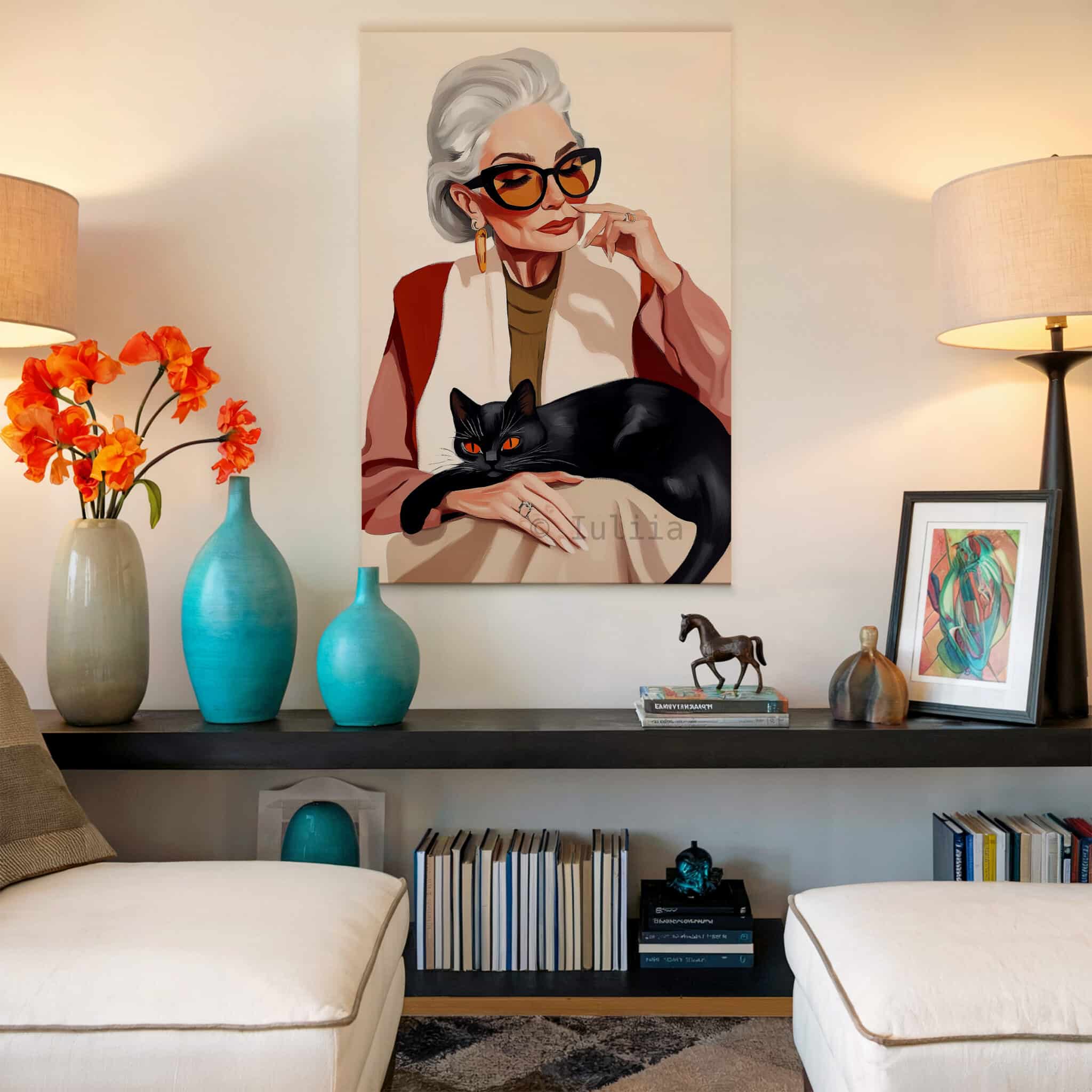 Lady with Black Cat Art Canvas, Stylish Woman with Feline Companion, Contemporary Home Decor - photo #16