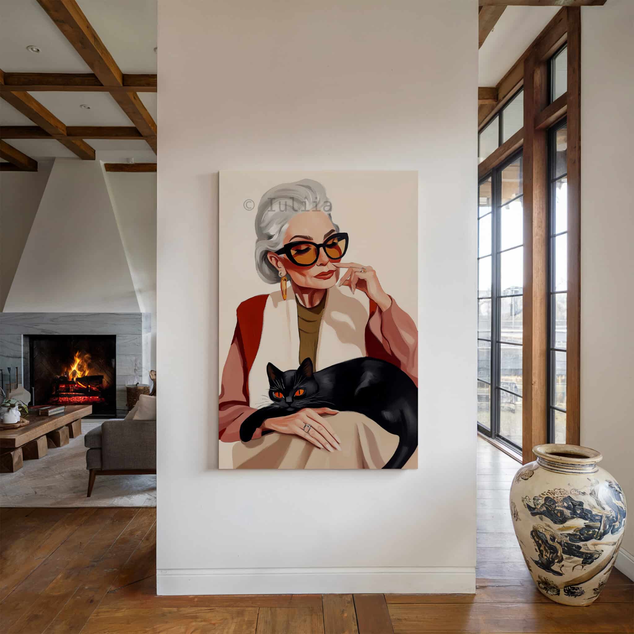 Lady with Black Cat Art Canvas, Stylish Woman with Feline Companion, Contemporary Home Decor - photo #4