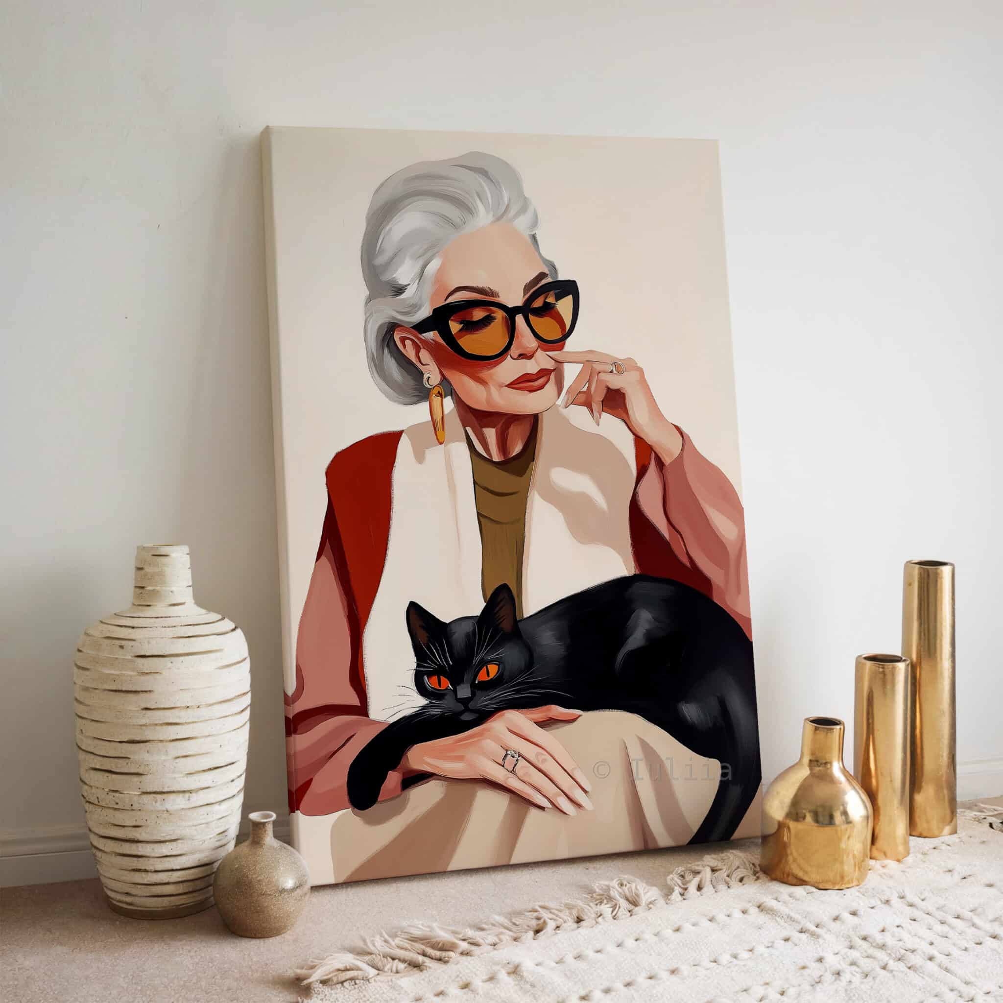 Lady with Black Cat Art Canvas, Stylish Woman with Feline Companion, Contemporary Home Decor - photo #6