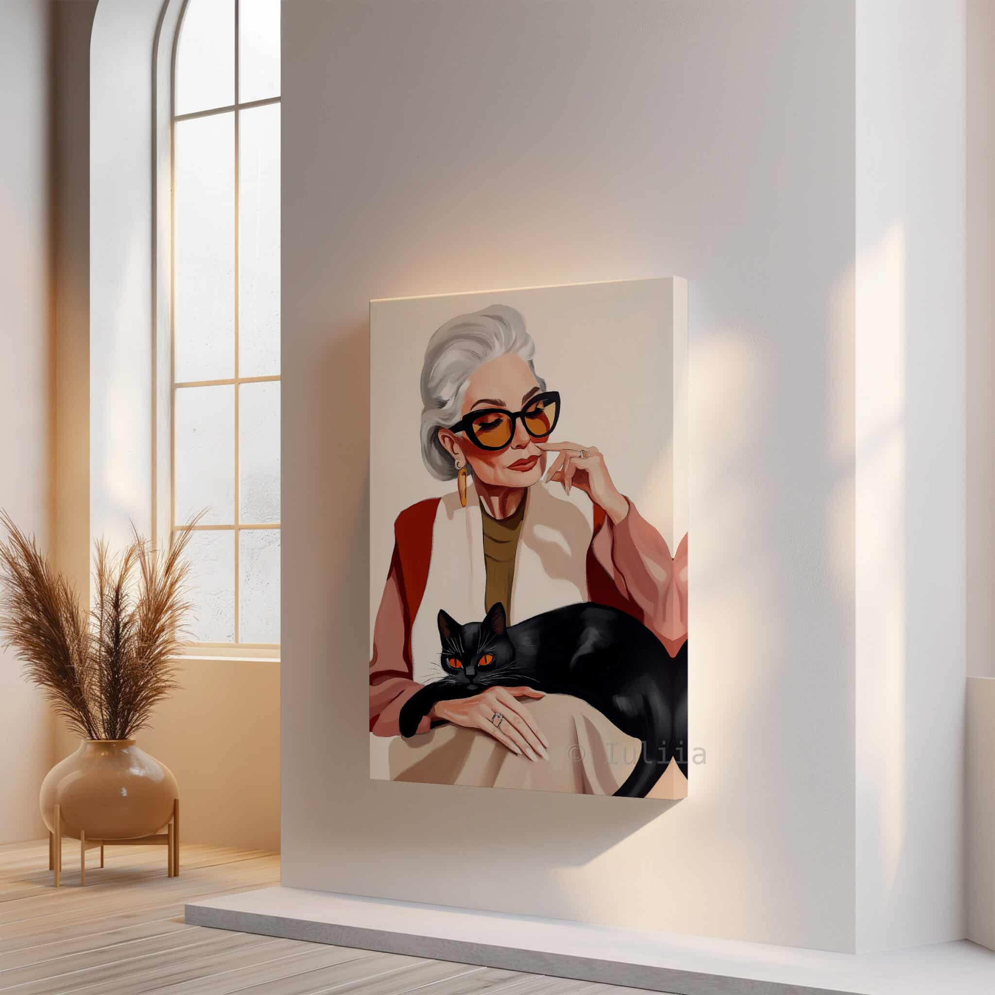 Lady with Black Cat Art Canvas, Stylish Woman with Feline Companion, Contemporary Home Decor - photo #14