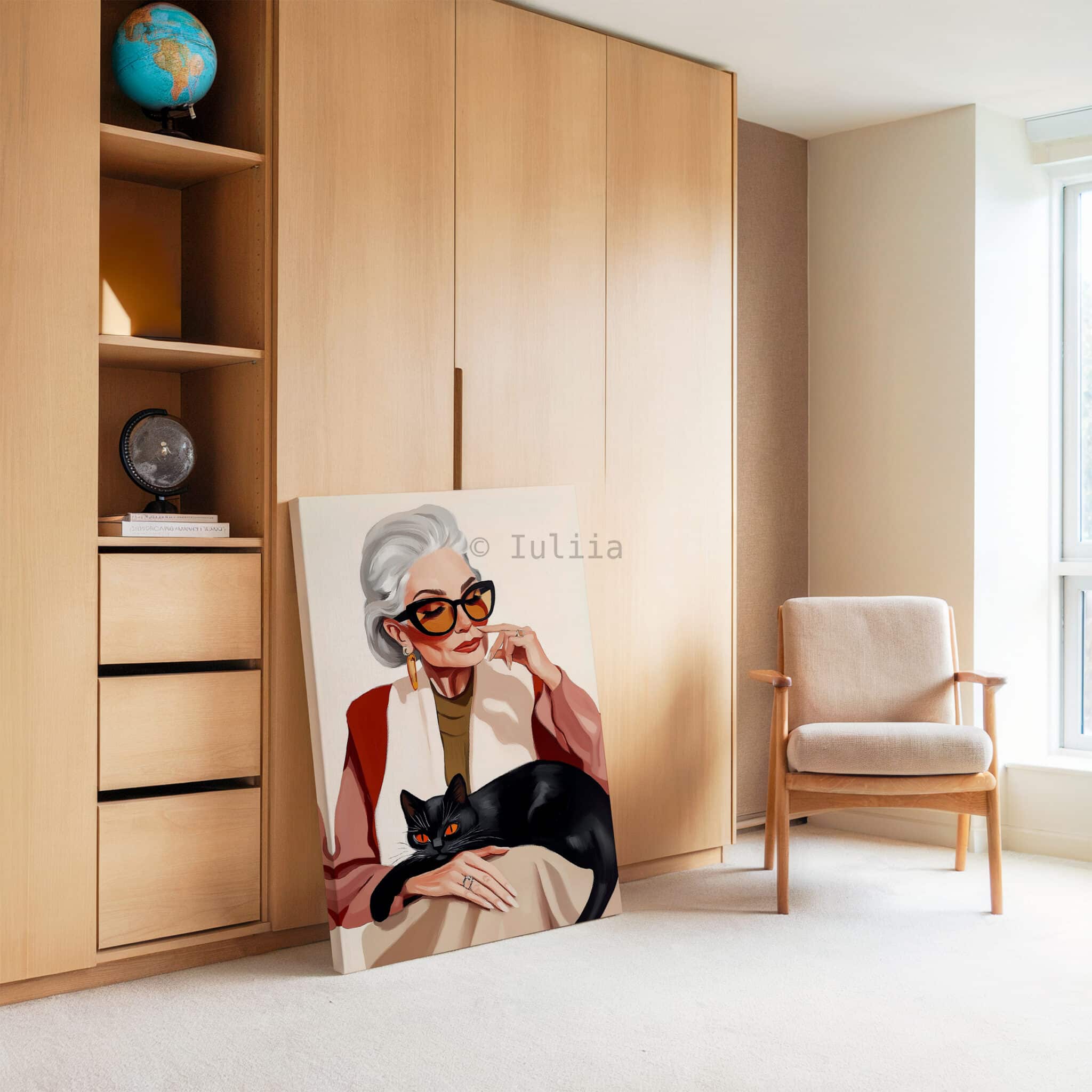 Lady with Black Cat Art Canvas, Stylish Woman with Feline Companion, Contemporary Home Decor - photo #3