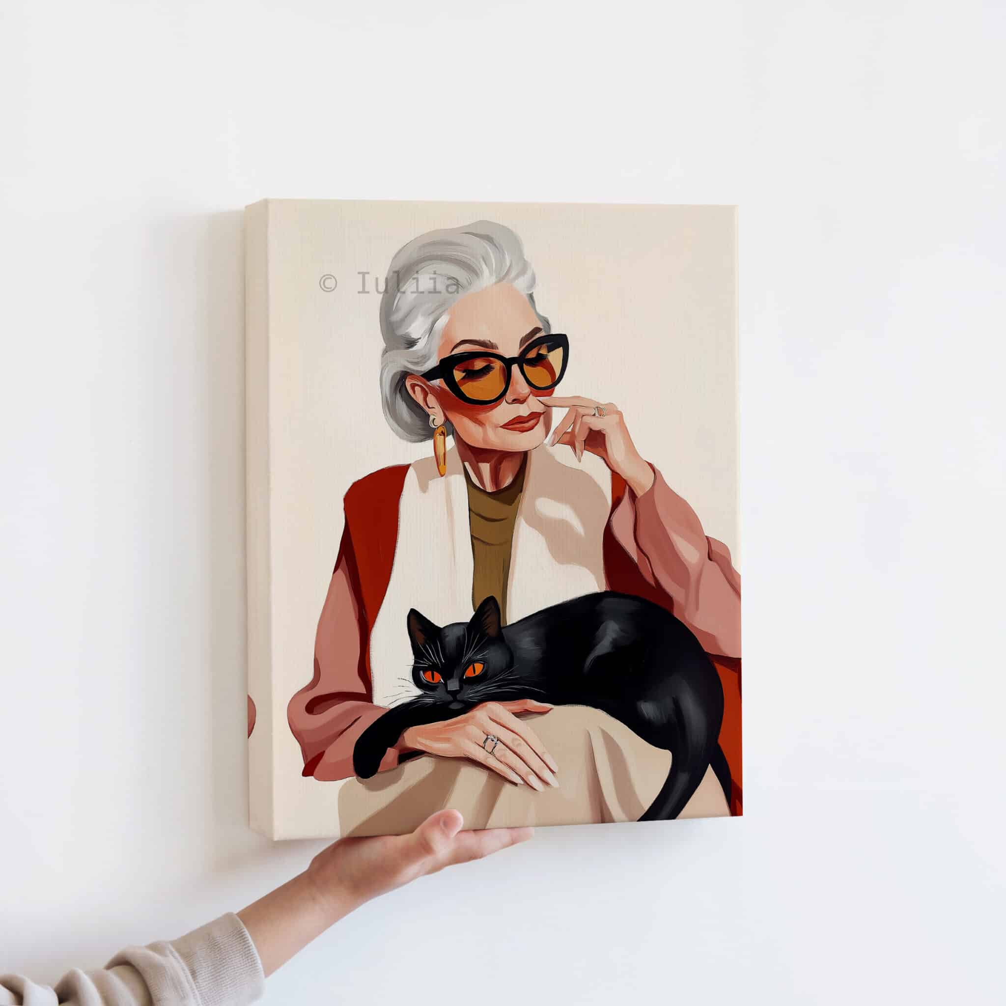 Lady with Black Cat Art Canvas, Stylish Woman with Feline Companion, Contemporary Home Decor - photo #12