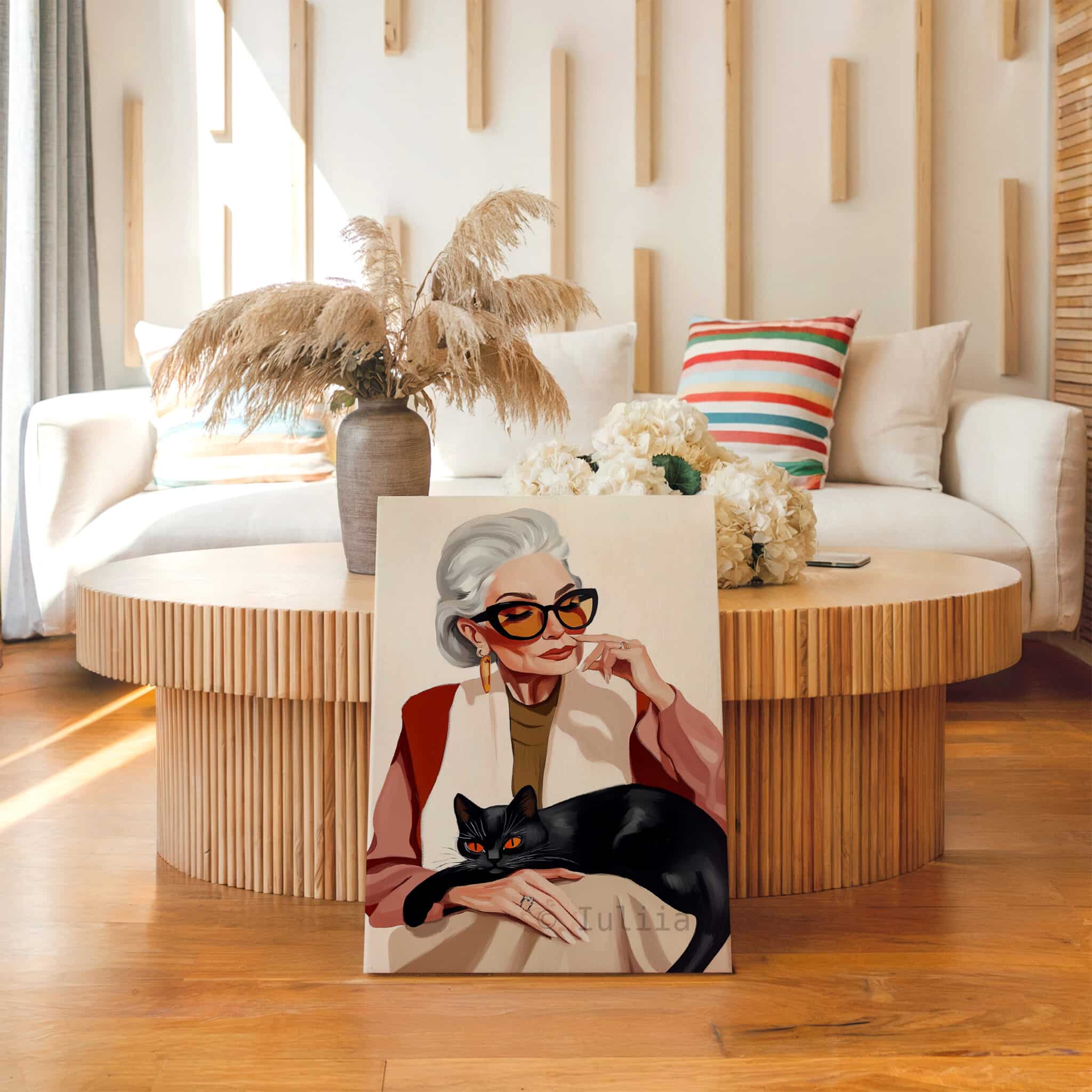 Lady with Black Cat Art Canvas, Stylish Woman with Feline Companion, Contemporary Home Decor - photo #13