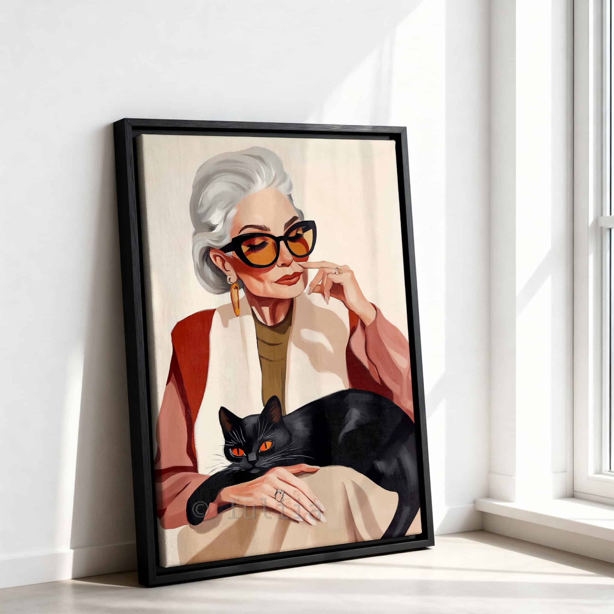 Lady with Black Cat Art Canvas, Stylish Woman with Feline Companion, Contemporary Home Decor - photo #10