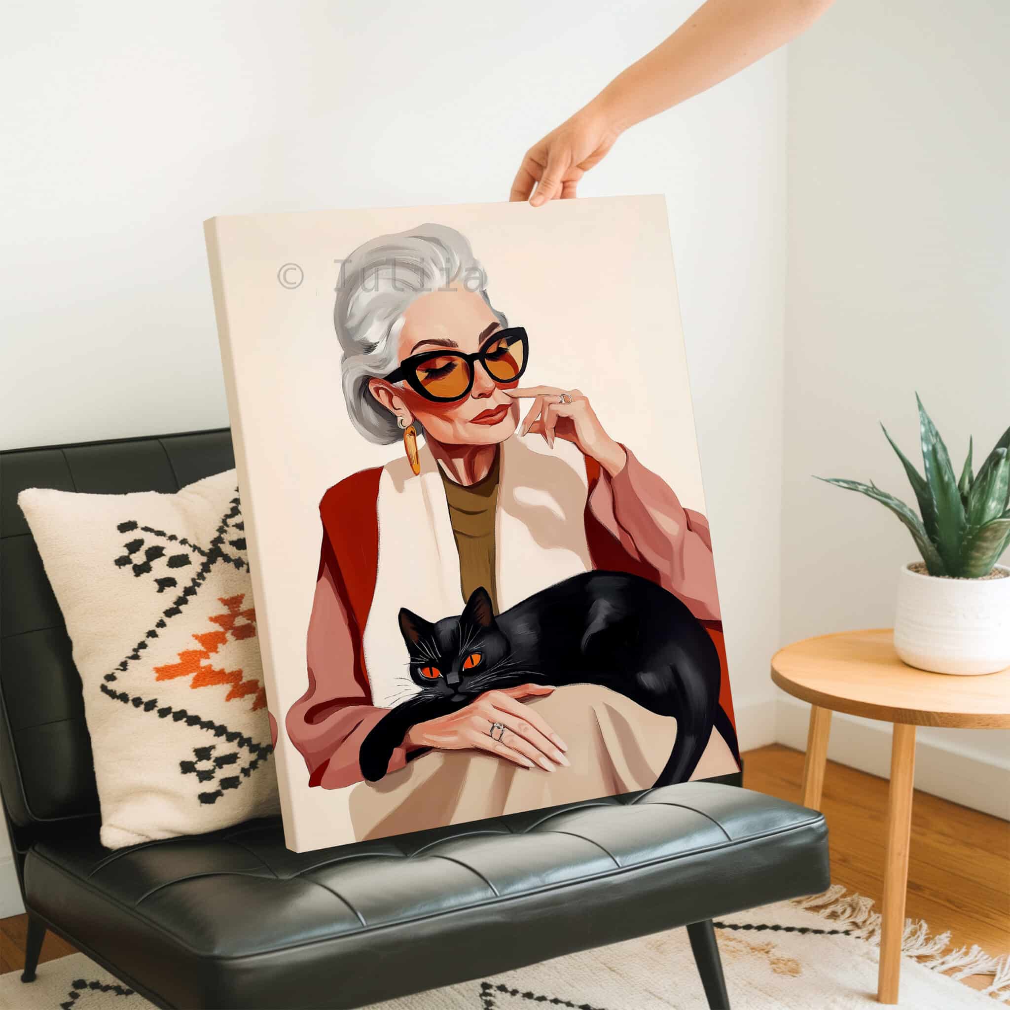 Lady with Black Cat Art Canvas, Stylish Woman with Feline Companion, Contemporary Home Decor - photo #2
