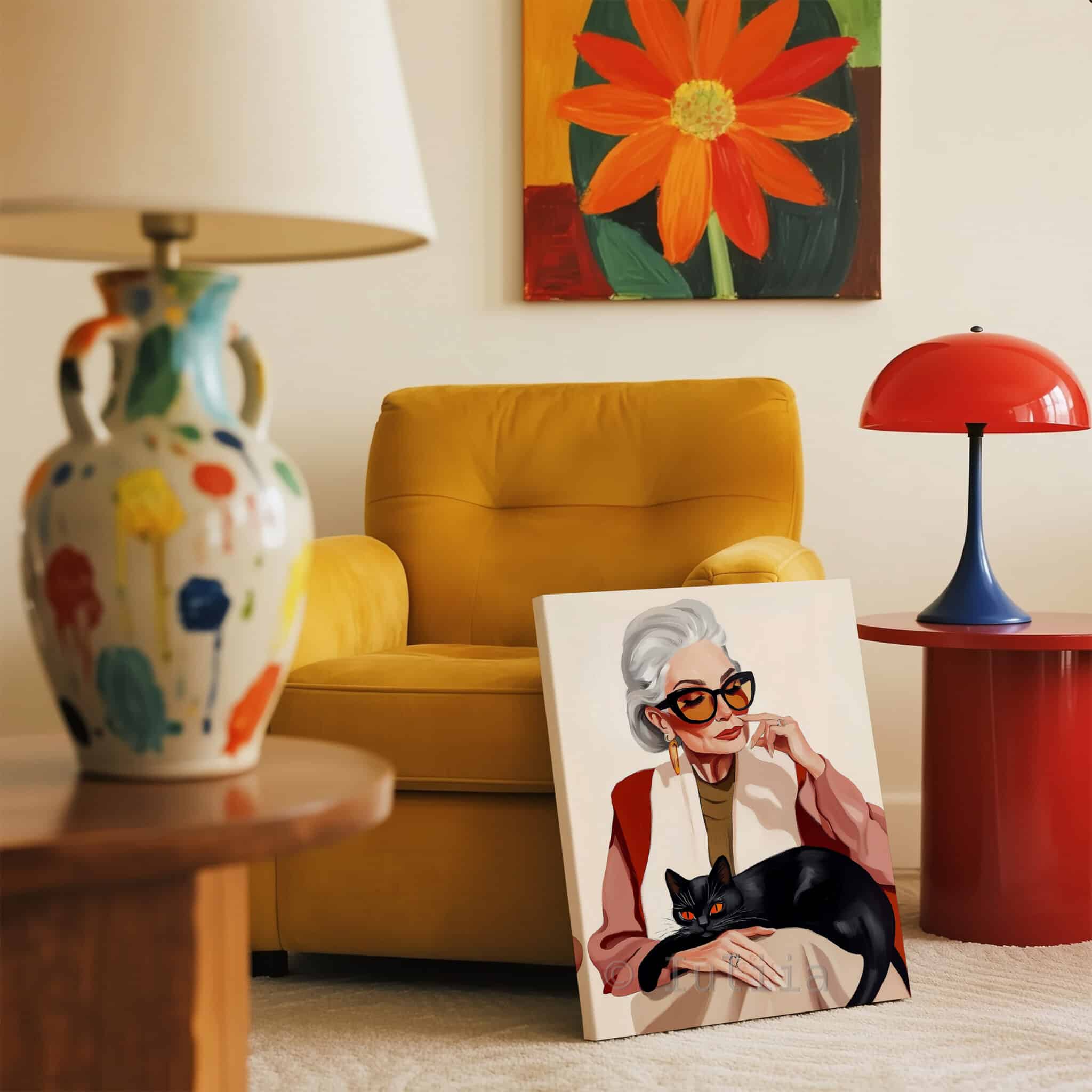 Lady with Black Cat Art Canvas, Stylish Woman with Feline Companion, Contemporary Home Decor - photo #11