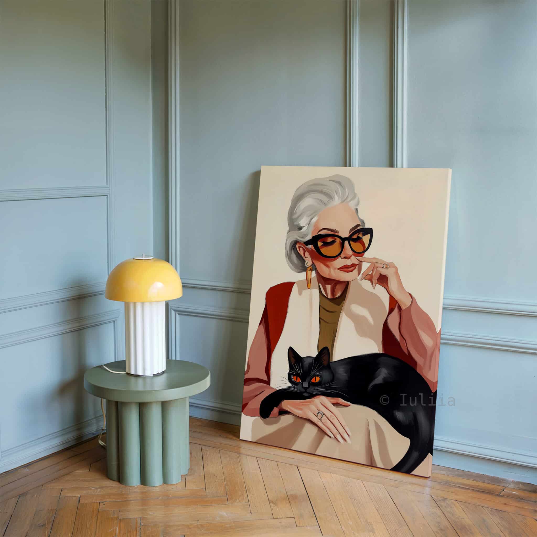 Lady with Black Cat Art Canvas, Stylish Woman with Feline Companion, Contemporary Home Decor - photo #17