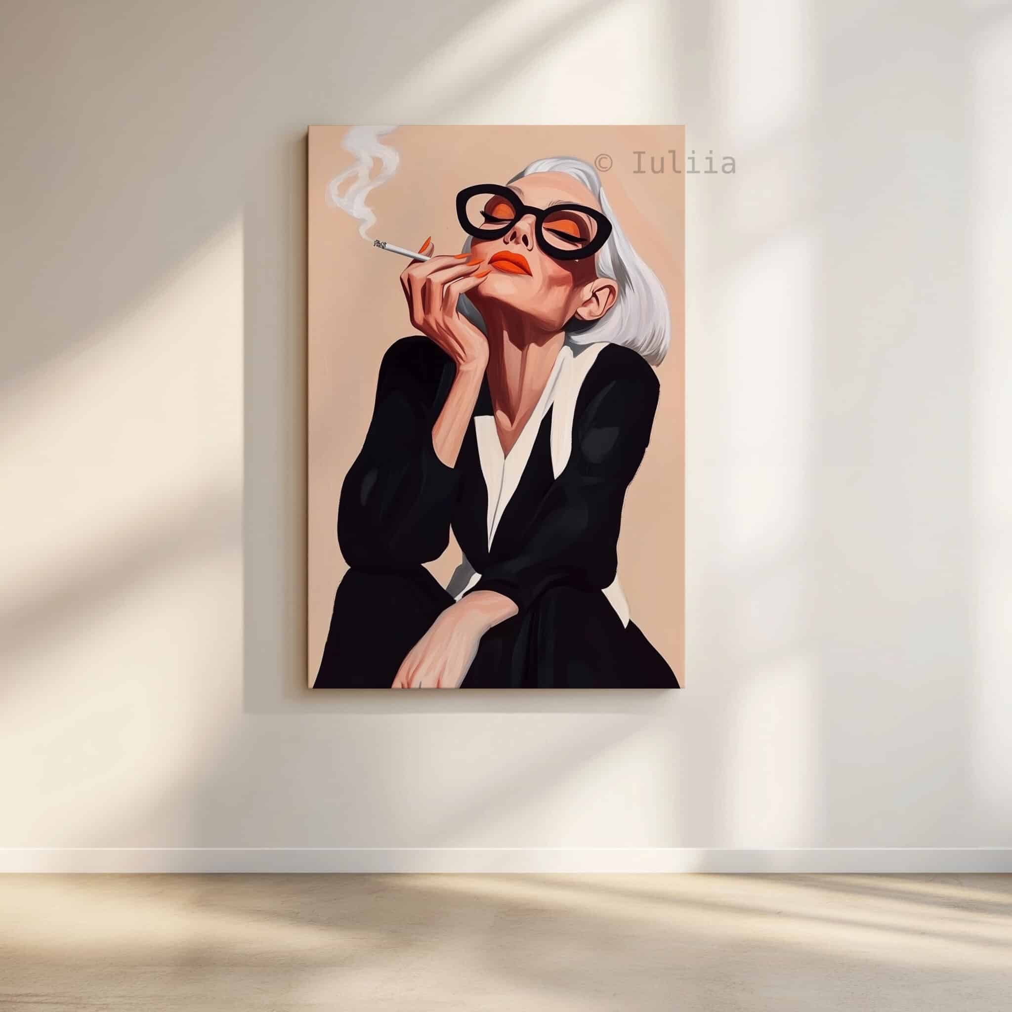 Modern Muse Art Canvas, Glamorous Woman with Sunglasses and Cigarette Artwork, Boutique Hotel Decor