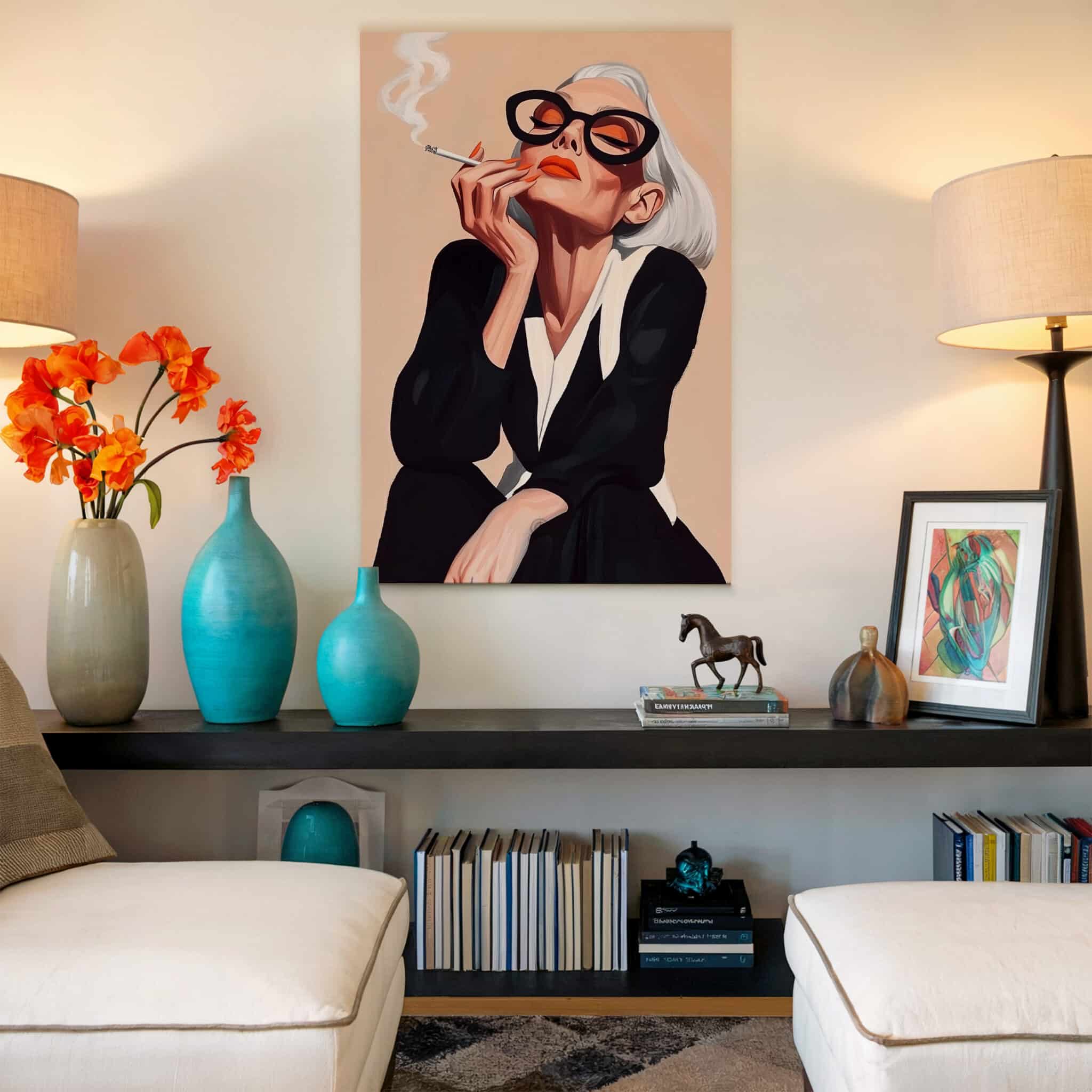 Modern Muse Art Canvas, Glamorous Woman with Sunglasses and Cigarette Artwork, Boutique Hotel Decor - photo #17