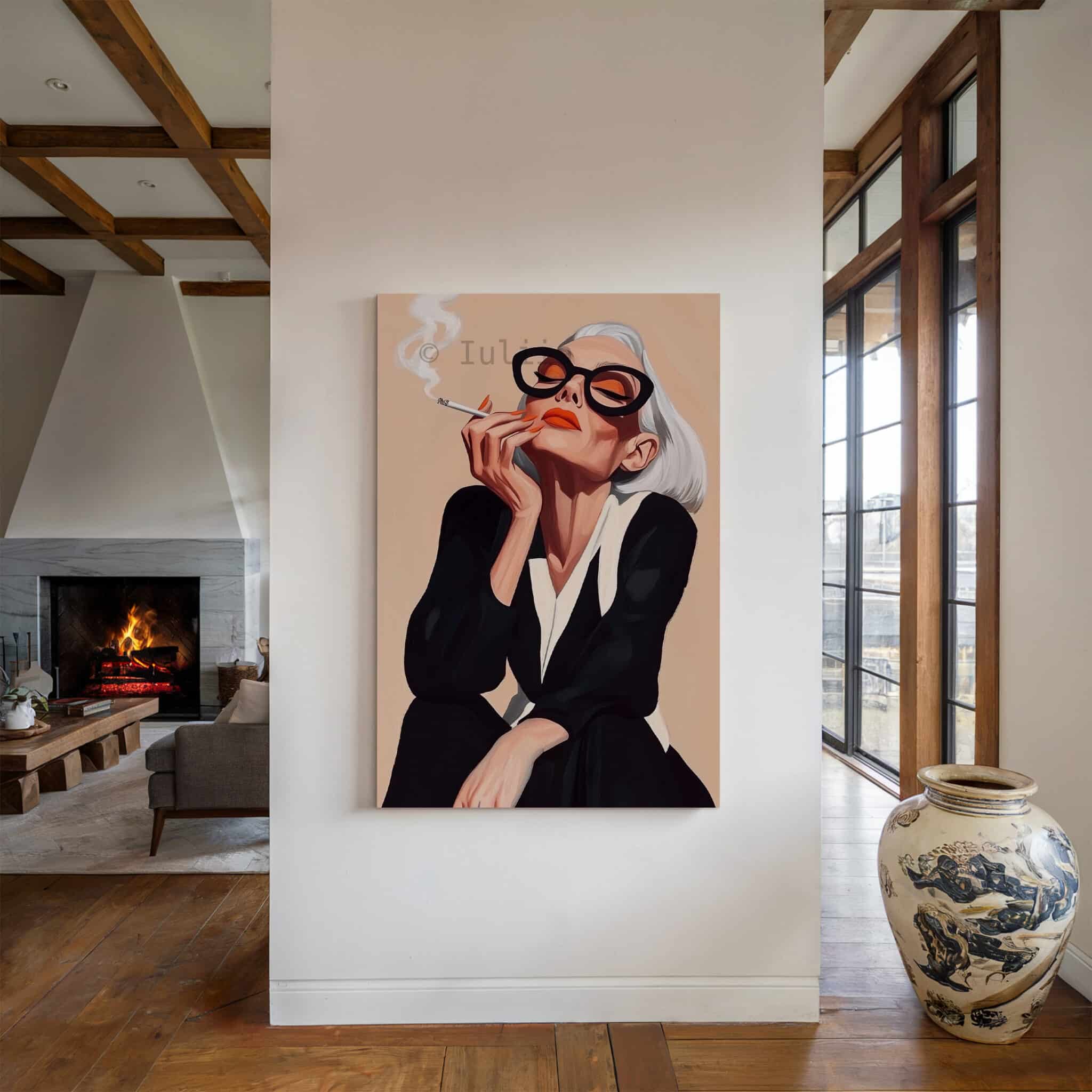 Modern Muse Art Canvas, Glamorous Woman with Sunglasses and Cigarette Artwork, Boutique Hotel Decor - photo #4
