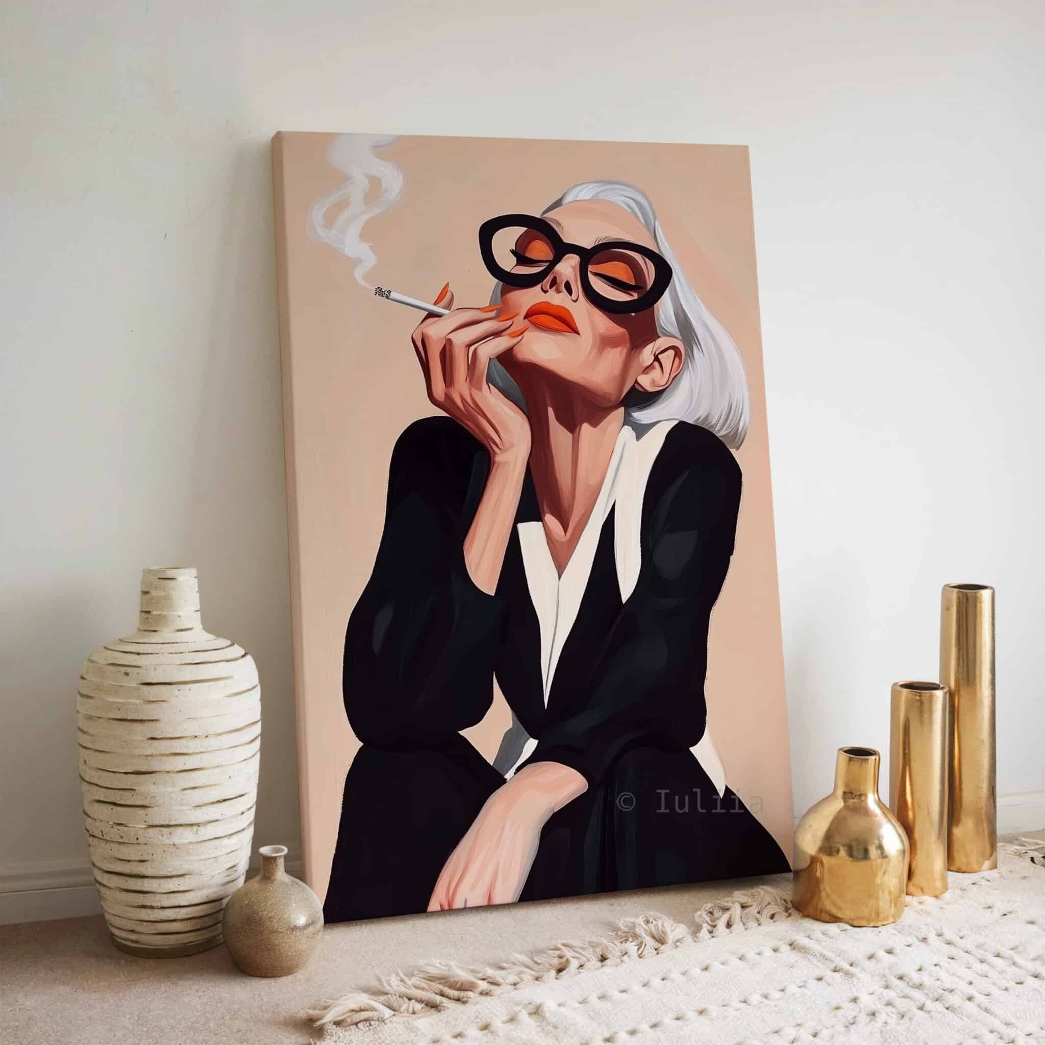 Modern Muse Art Canvas, Glamorous Woman with Sunglasses and Cigarette Artwork, Boutique Hotel Decor - photo #6