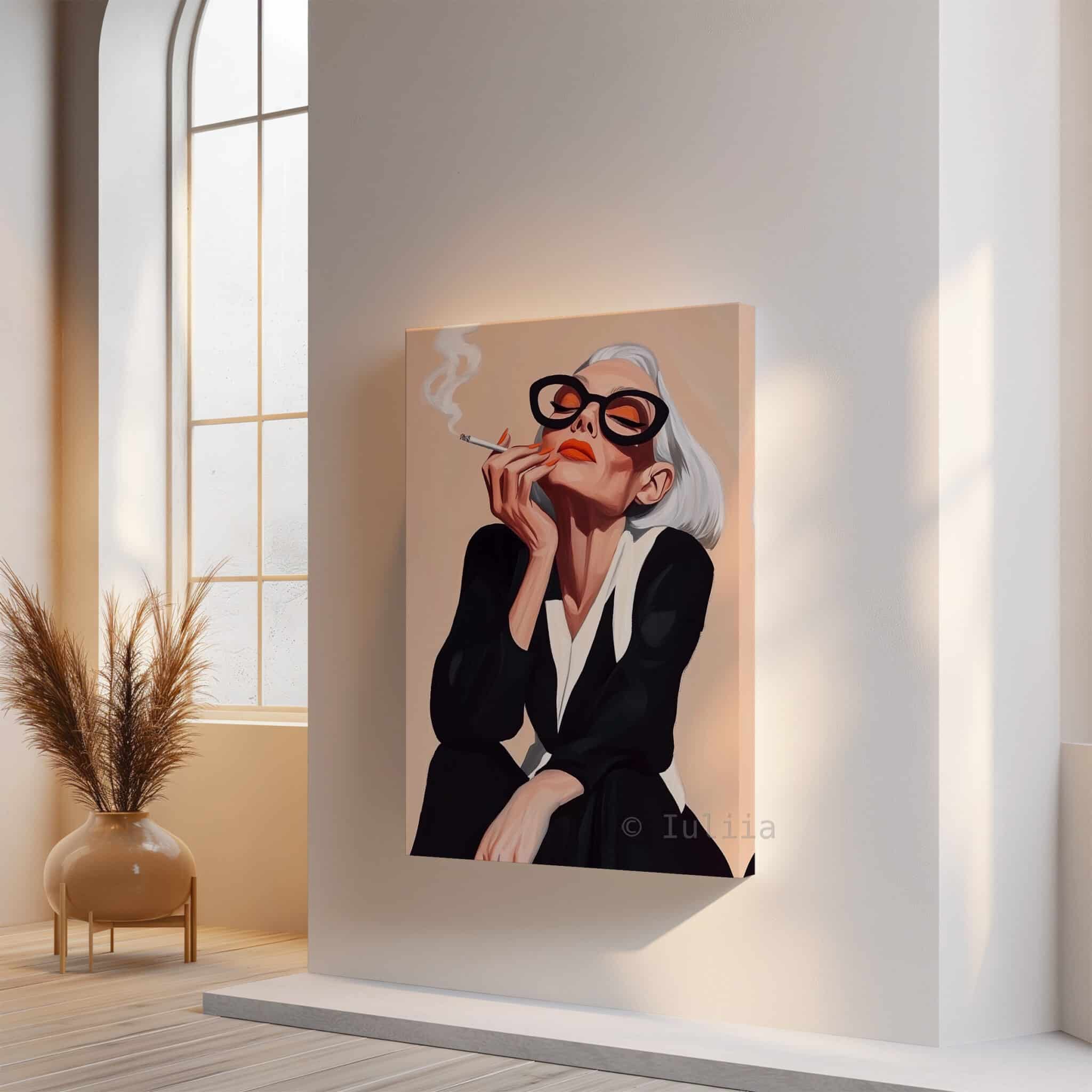 Modern Muse Art Canvas, Glamorous Woman with Sunglasses and Cigarette Artwork, Boutique Hotel Decor - photo #14